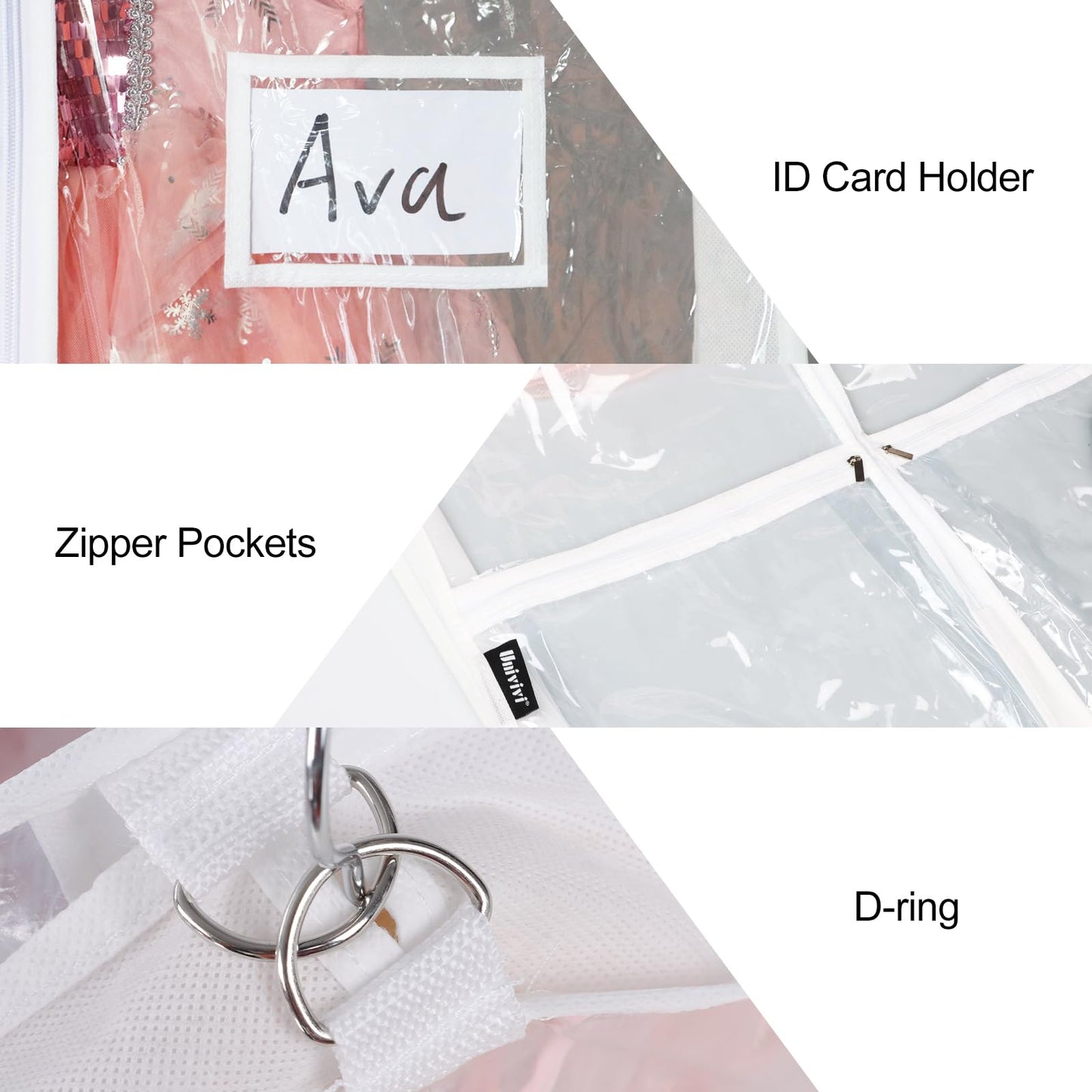 Univivi Clear PVC Dance Costume Bags (3 Pack) Garment Bag 40 Inch for Dance Competitions, with 4 Medium Clear Zipper Pockets and 1 Large Back Zippered Pocket [Upgraded Version]