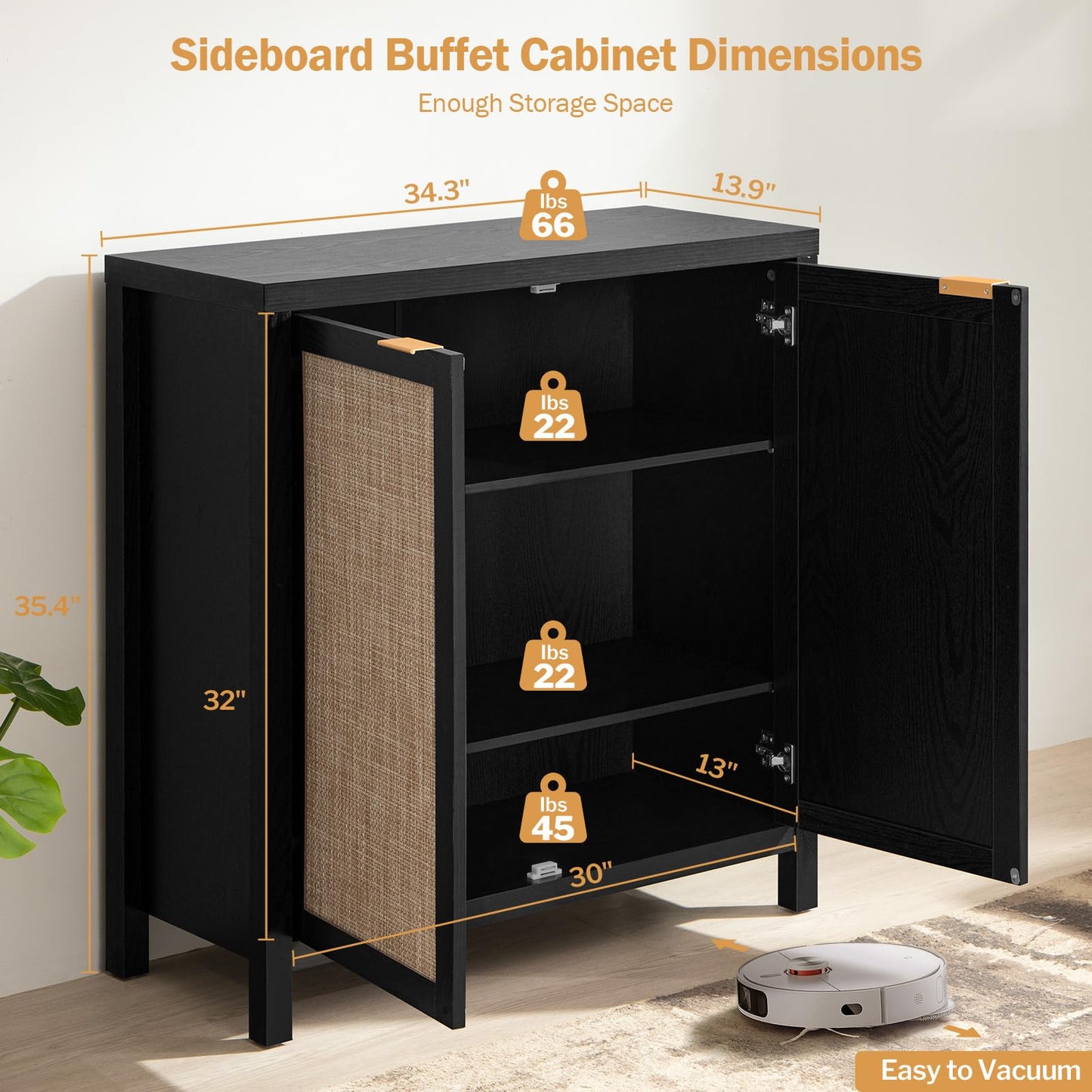 SICOTAS Rattan-Sideboard, Buffetschrank – großer Küchenschrank im Boho-Stil mit Rattan-Aufbewahrung – Holz-Kaffeebar-Schrank, Buffet-Konsolentisch für Esszimmer, Wohnzimmer, Flur – Natur 