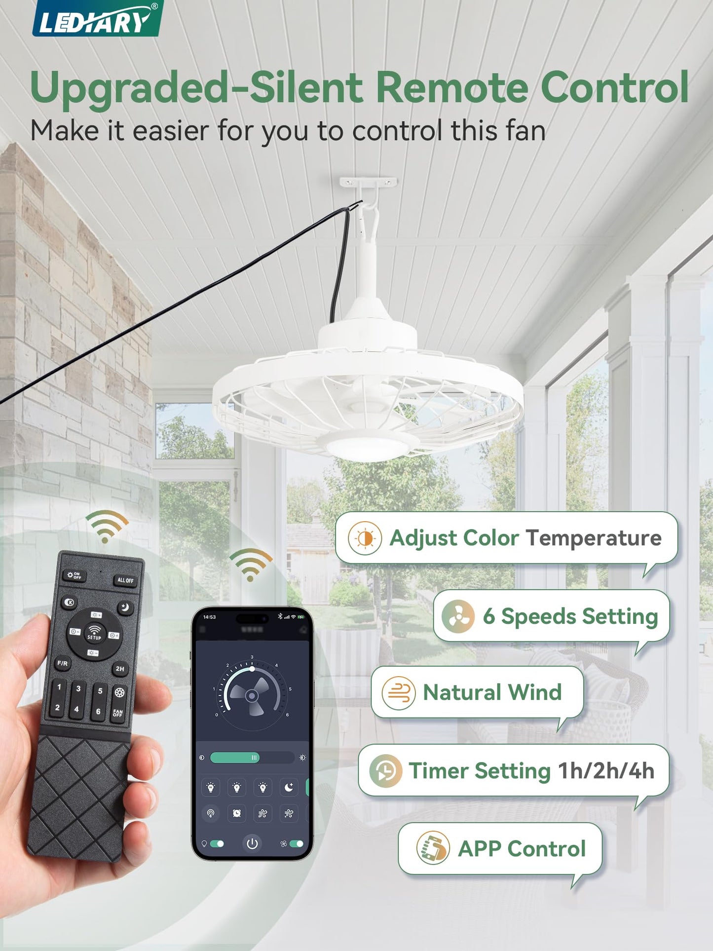 Outdoor Hanging Ceiling Fan with Light – 3CCT, 6-Speed, IP65