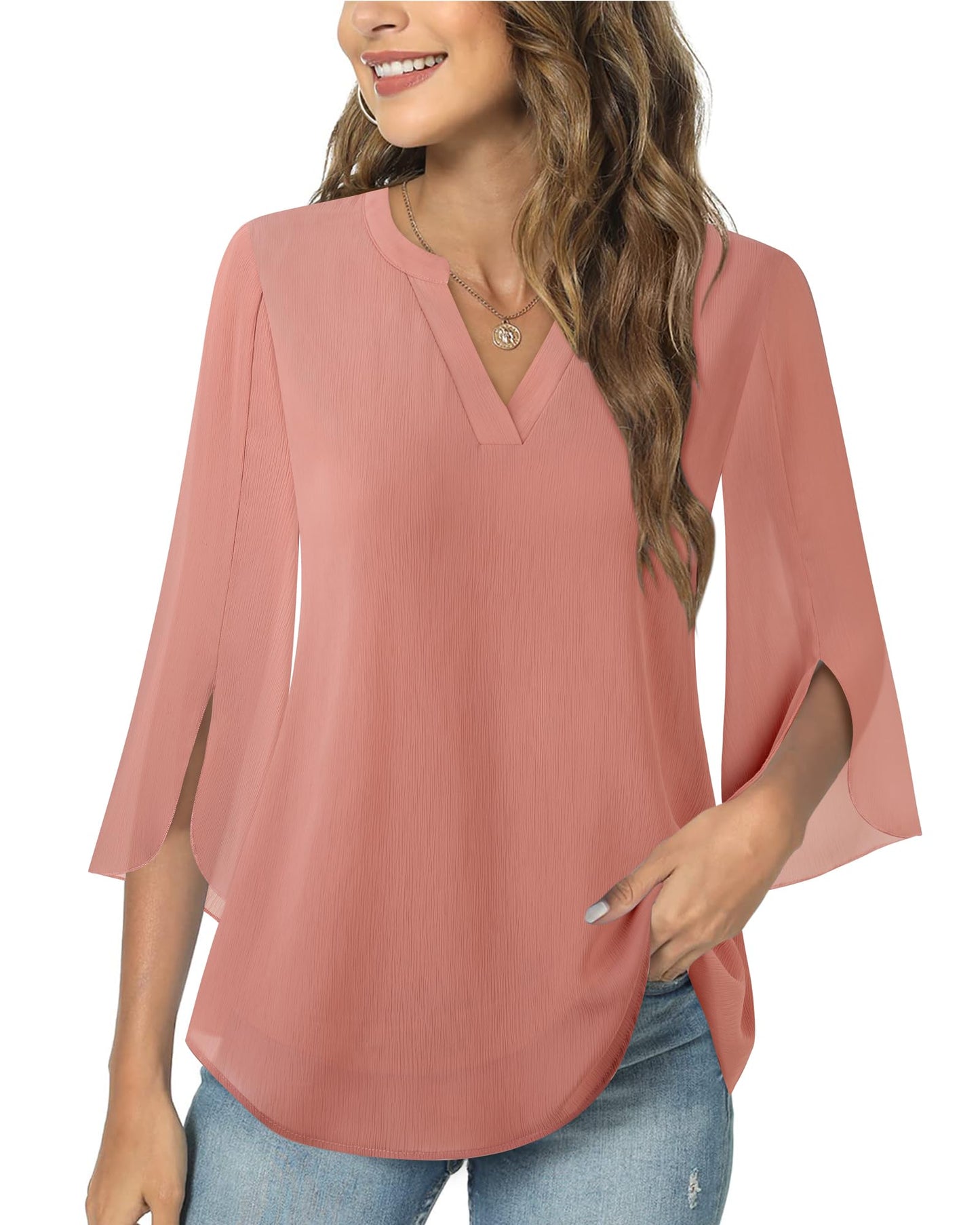 Timeson Women's 3/4 Sleeve Chiffon Blouse Shirt V Neck Dressy Tunic Tops