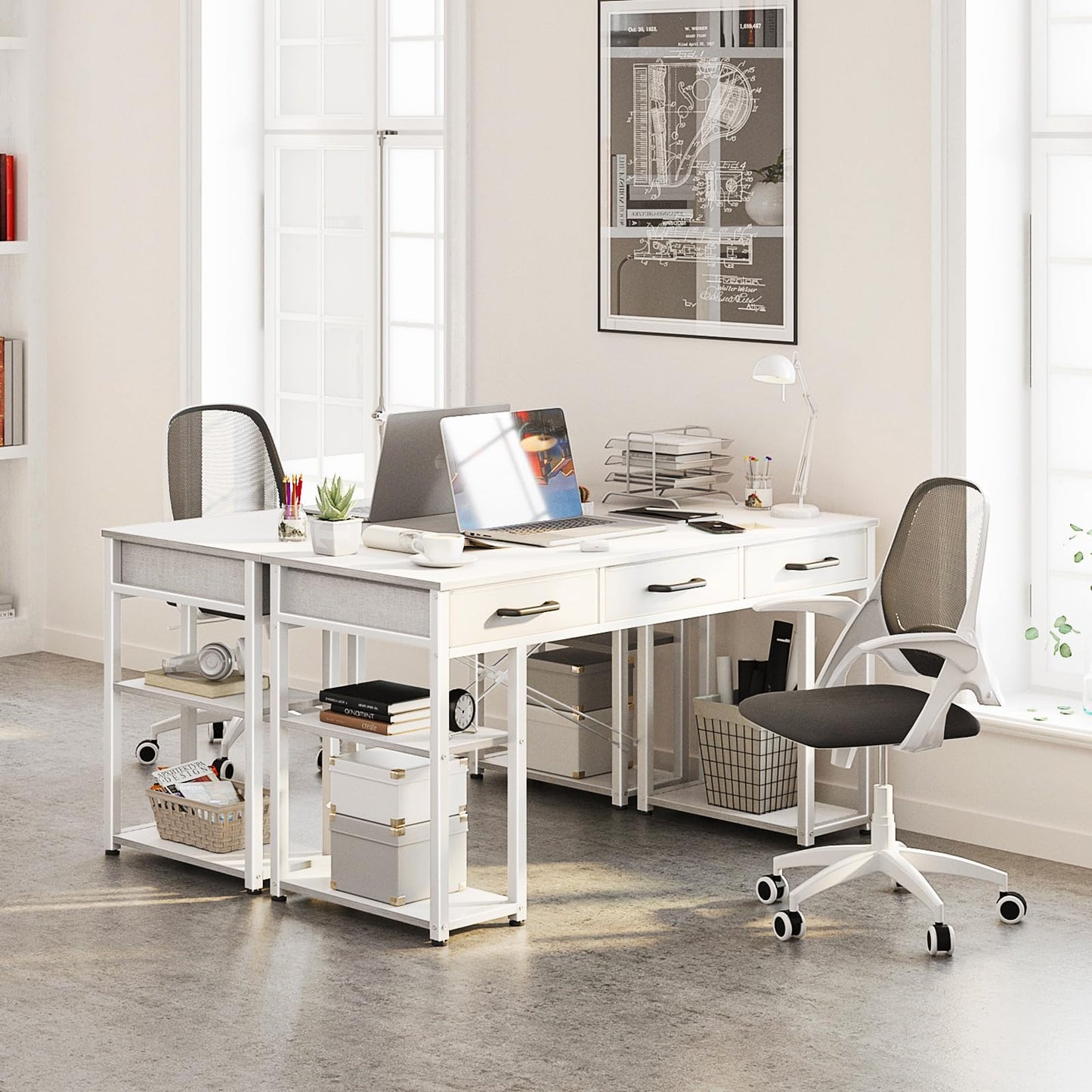 Bureau d'ordinateur de petite taille ODK : table de maison avec tiroirs en tissu et étagères de rangement, bureau d'écriture moderne, noir, 48"x16" 