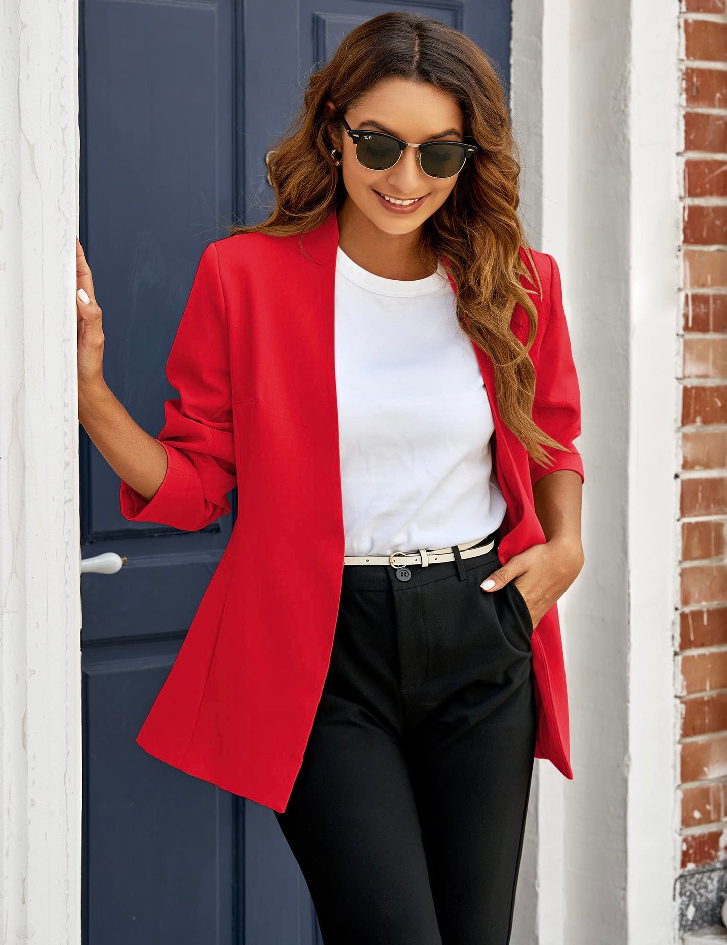 Veste de costume blazer de travail décontractée à poches ouvertes sur le devant pour femme GRAPENT 