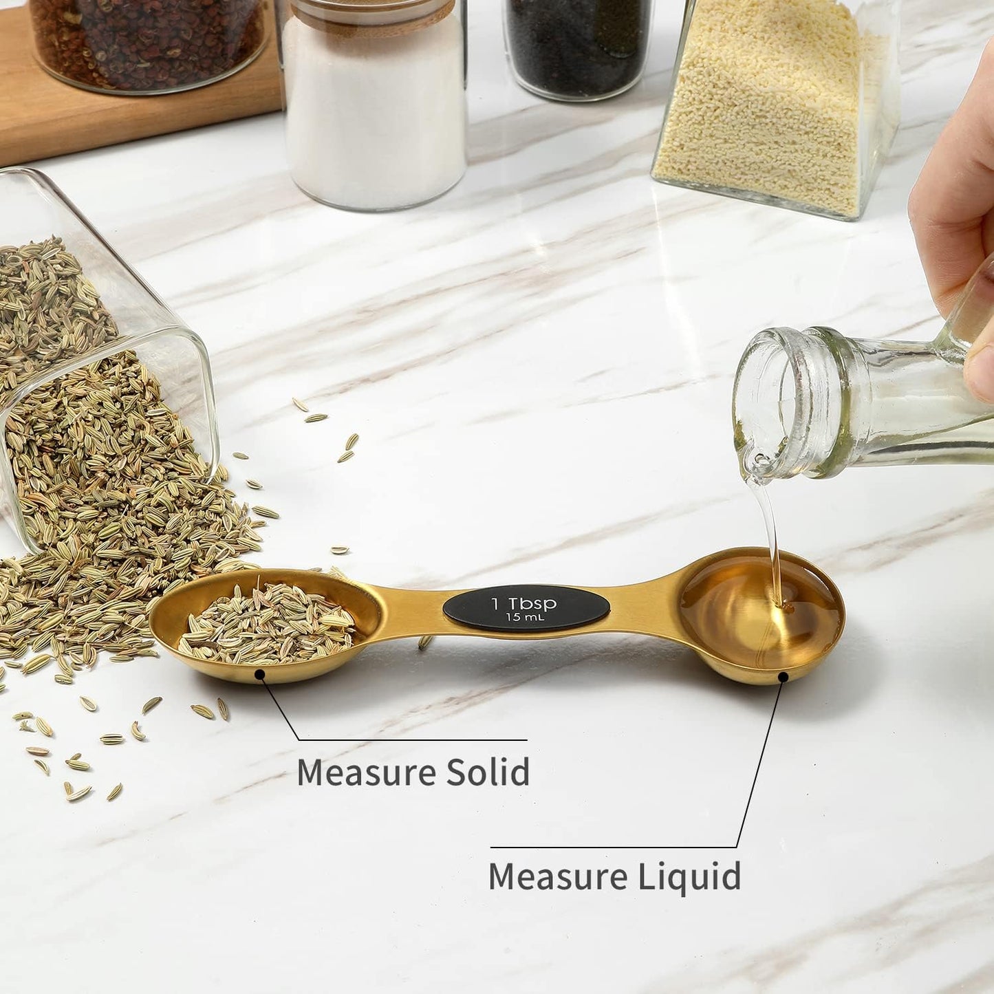 Magnetic Measuring Spoons Set, Stainless Steel, Dual Sided, Stackable, Dual Sided for Measuring Dry and Liquid Ingredients, Fits in Spice Jars, Set of 8（Gold ）