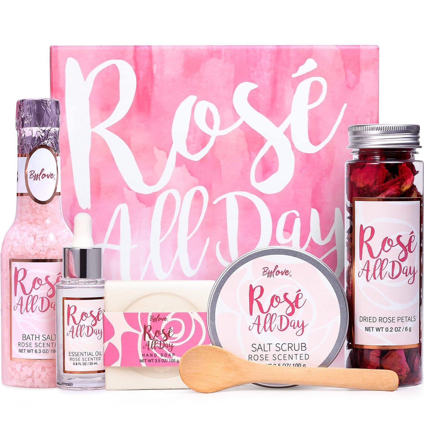 Spa Gifts for Women, Gift Set, Self Care Kit, Birthday Gifts, 5pc Rose Bath Sets Include Massage Oil, Bath Bomb, Salt Scrub, Soap, Hand Cream, Christmas Gifts for Mom