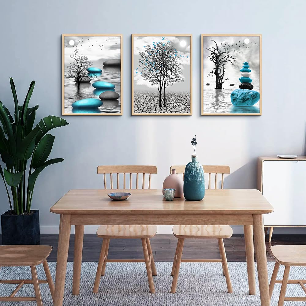 Canvas Wall Art for Living Room Wall Decor for Bedroom Bathroom Black and White Paintings Modern 3 Piece Framed Canvas Art Prints Ready to Hang Inspirational Abstract Blue Pictures Home Decorations