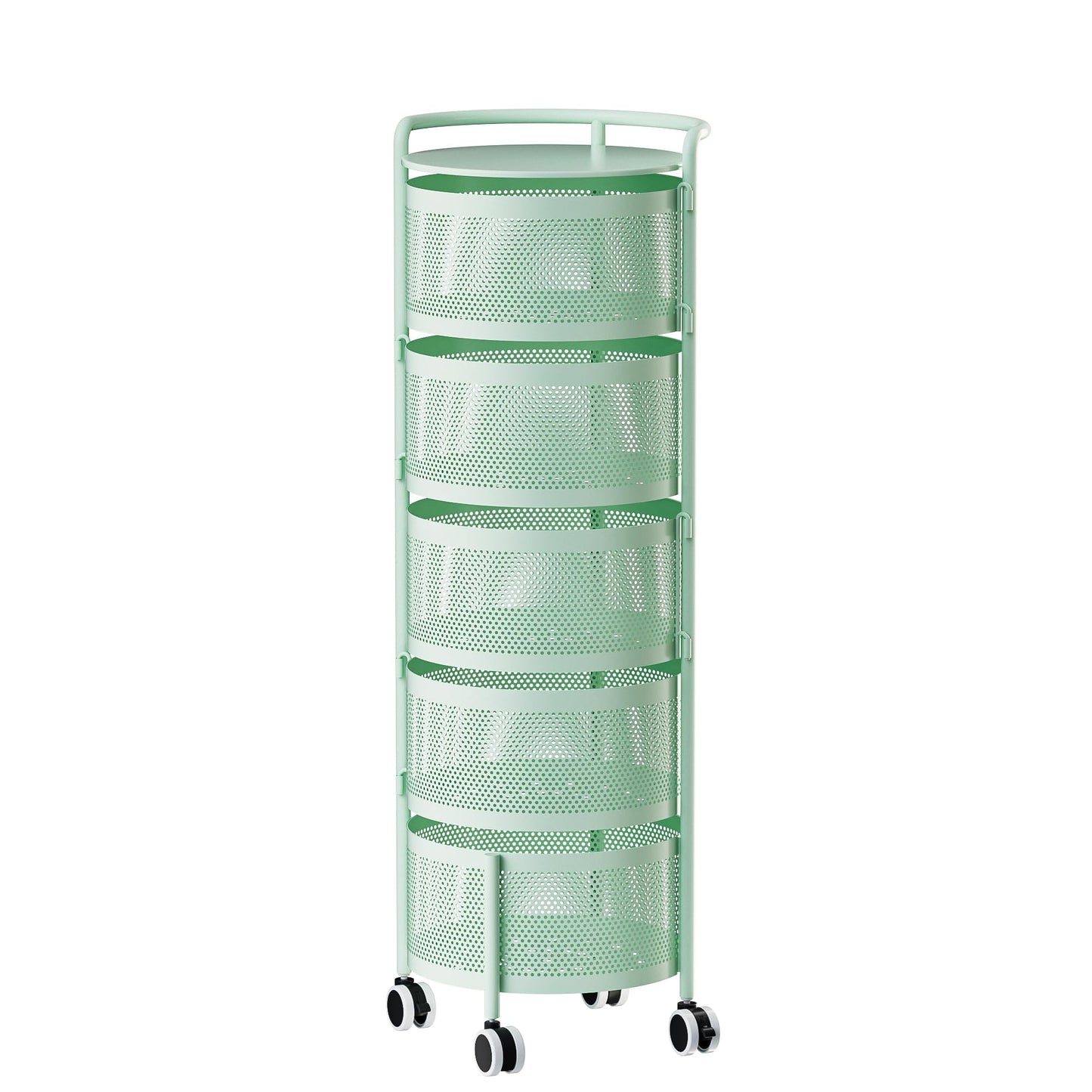 No Assembly Required Vegetable Storage Rack, 4-Tier Rotating Fruit Basket with Wheels, Heavy Duty Carbon Steel Kitchen Storage Cart