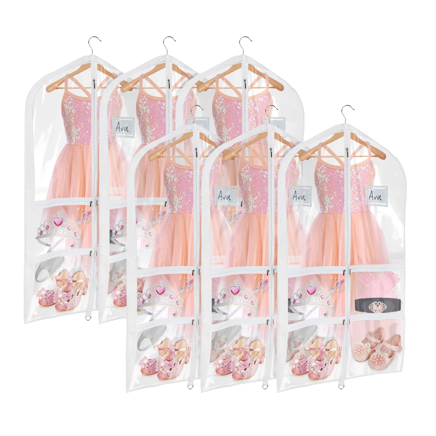 Univivi Clear PVC Dance Costume Bags (3 Pack) Garment Bag 40 Inch for Dance Competitions, with 4 Medium Clear Zipper Pockets and 1 Large Back Zippered Pocket [Upgraded Version]
