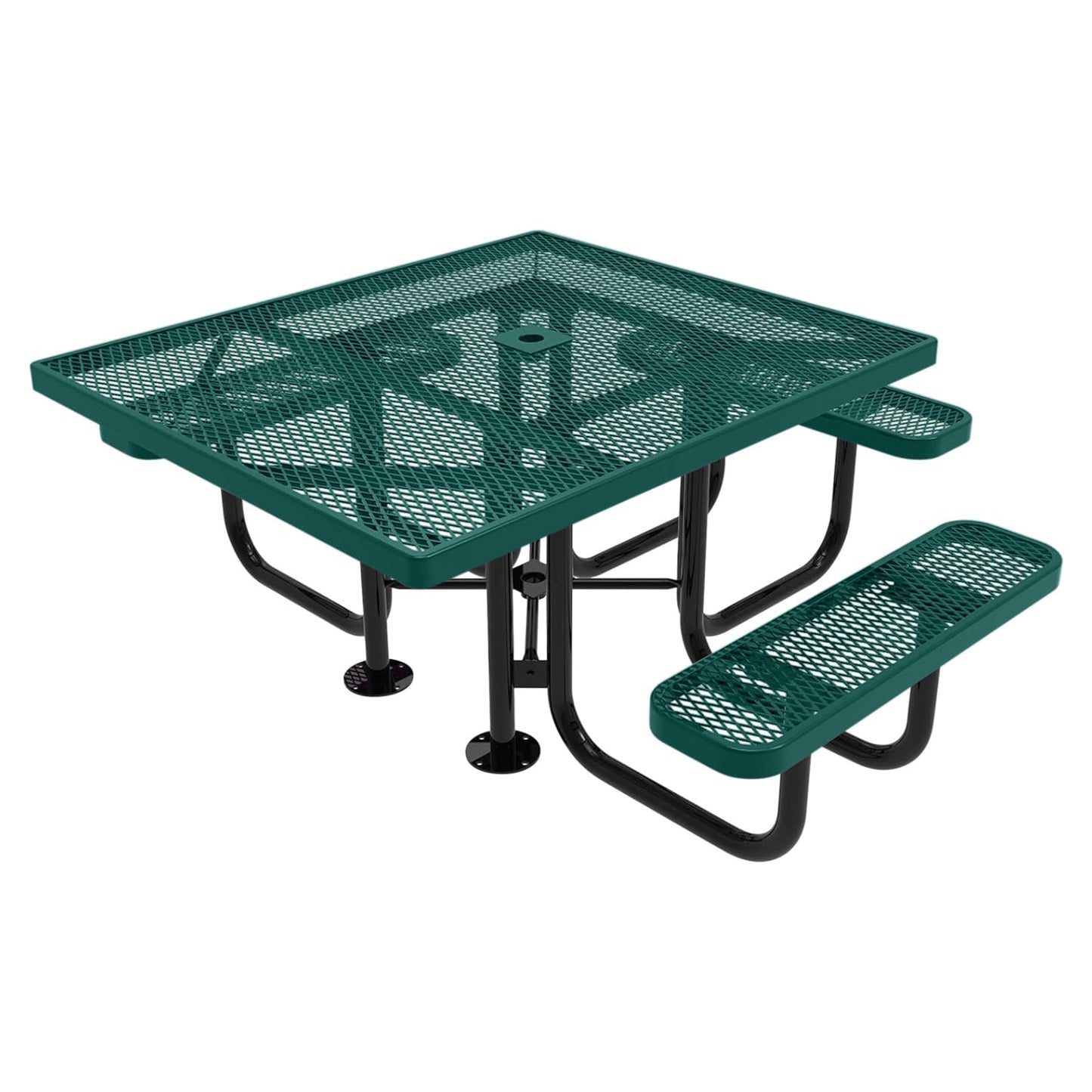 Coated Outdoor Furniture Heavy-Duty Portable Outdoor Picnic Table with Umbrella Hole, Expanded Metal Commercial-Grade Patio Dining Furniture Made in America (46" Square Top, Green)