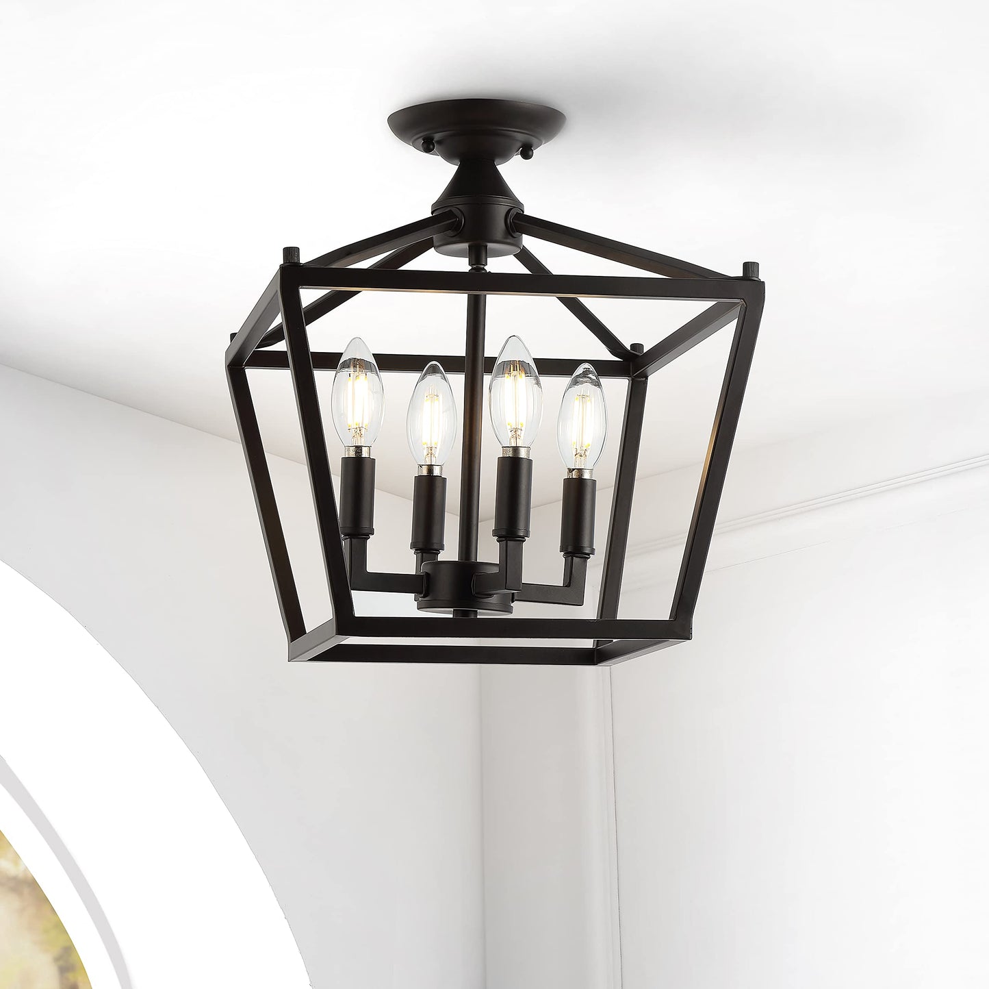 JONATHAN Y JYL7610A Plains Mini Lantern 12" 4-Light Iron Modern Farmhouse LED Flush Mount, Rustic, Industrial, Dimmable, 2700K Cozy Warm Light Kitchen, Hallway, Bathroom, Stairwell, Oil Rubbed Bronze