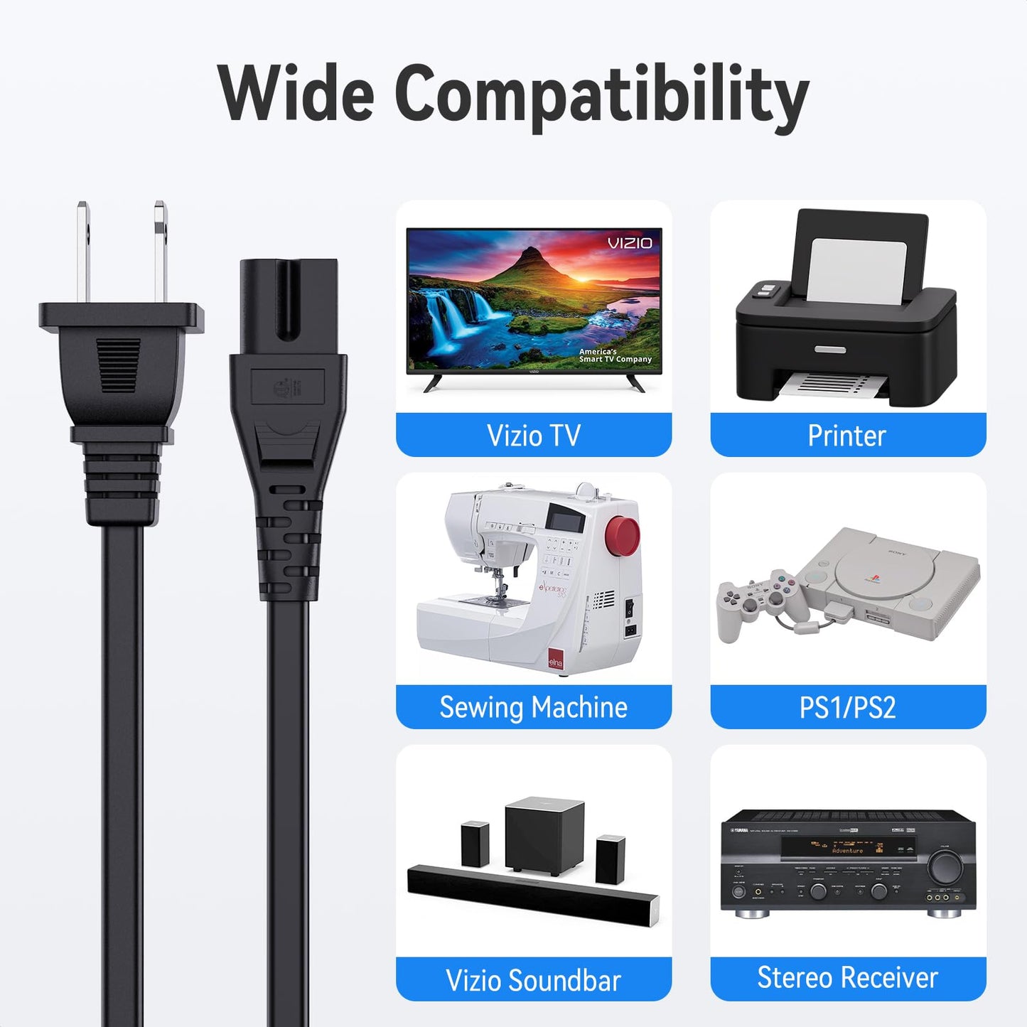 AC Power Cord for Vizio D/E/M Series TV & Soundbar, Replacement 2 Prong Polarized Cable 6 Feet