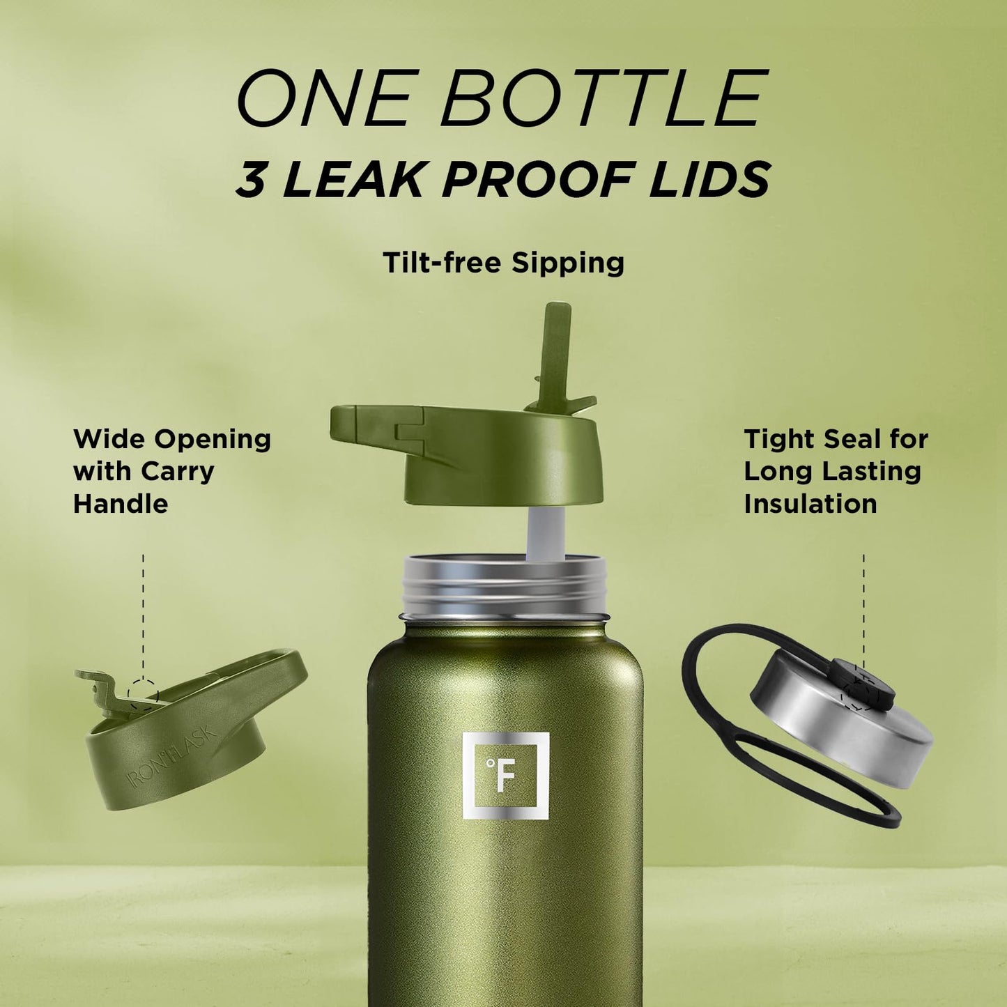 Bouteille d'hydratation de camping et de randonnée IRON °FLASK avec 3 couvercles - Bouteille d'eau en acier inoxydable, à double paroi et isolée sous vide - Anti-fuite et sans BPA (Dark Night, Straw - 32 oz) 