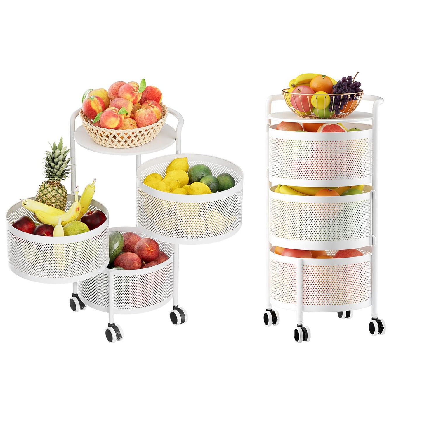No Assembly Required Vegetable Storage Rack, 4-Tier Rotating Fruit Basket with Wheels, Heavy Duty Carbon Steel Kitchen Storage Cart