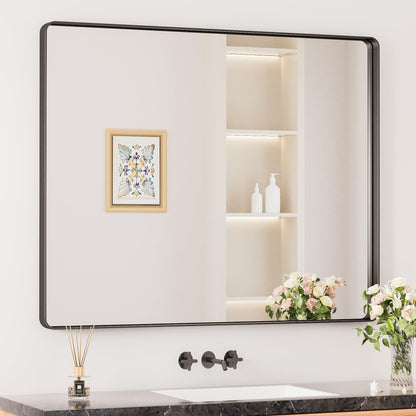 Keonjinn Black Mirror for Bathroom Sink, 24 x 30 Inch Sandblasted Finish Aluminum Wall Mirrors, Matte Black Rectangle Farmhouse Mirror with Shatterproof HD Tempered Glass, Anti-Rust Metal Frame