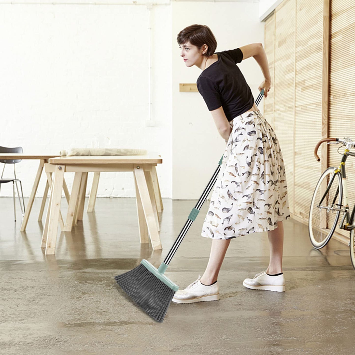 kelamayi Broom and Dustpan Set for Home, Stand Up Broom and Dustpan Combo for Office, Indoor&Outdoor Sweeping (Black&Red)