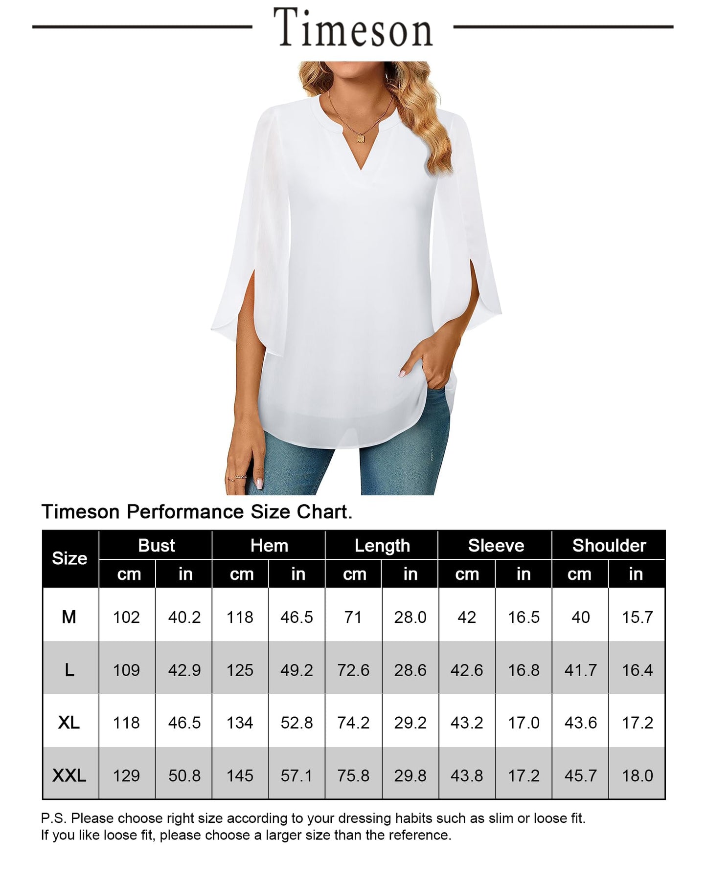 Timeson Damen Chiffonbluse mit 3/4-Ärmeln, V-Ausschnitt, elegante Tunika-Oberteile