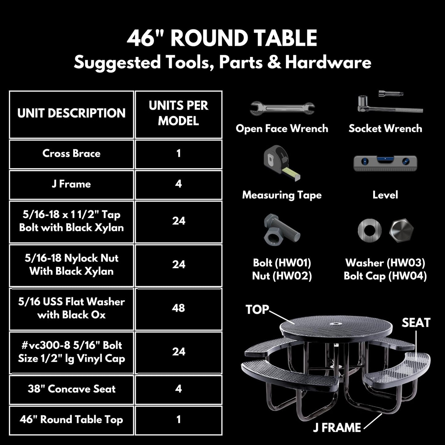 Table de pique-nique d'extérieur portable et robuste avec trou pour parasol, mobilier d'extérieur en métal déployé de qualité commerciale, fabriqué en Amérique (plateau rond de 46 po, bleu clair) 