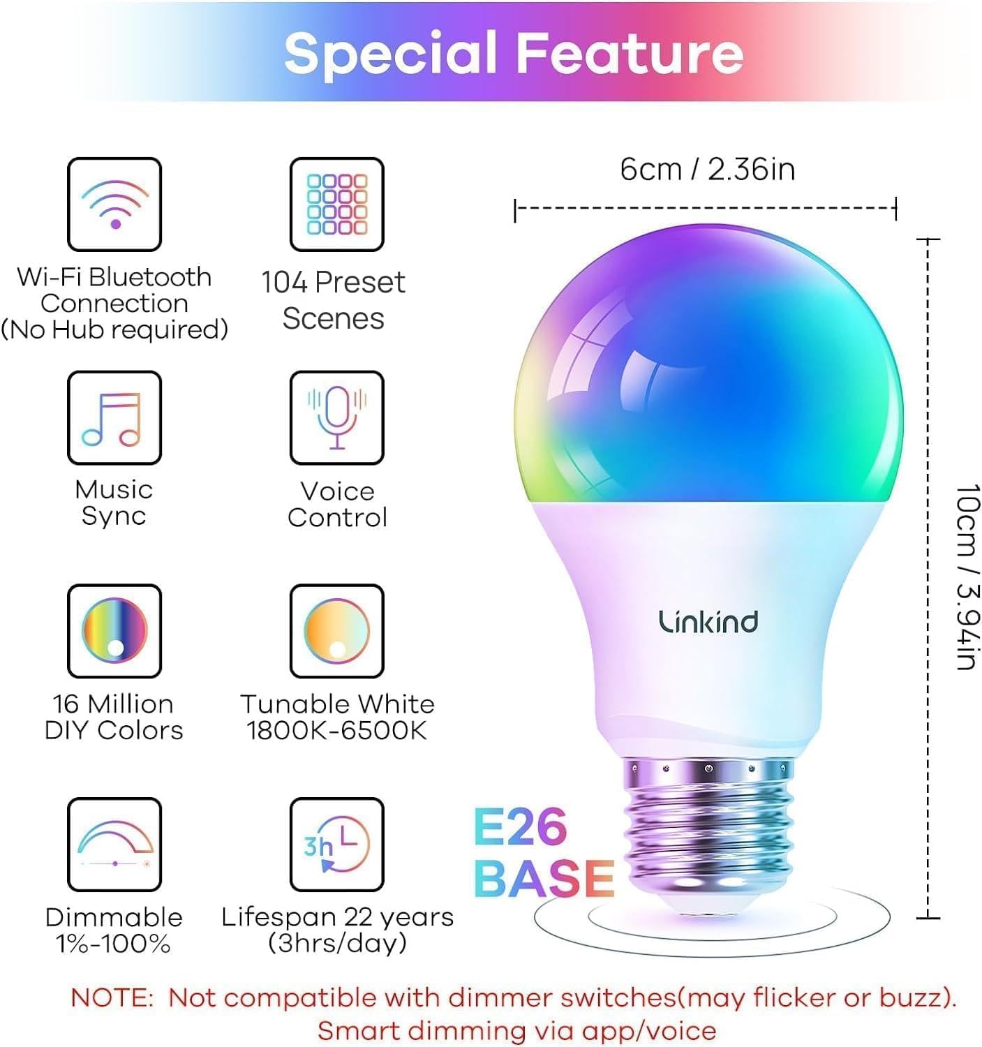 Linkind Smart-Glühbirnen, Smart-Glühbirne, die mit Alexa und Google Home funktioniert, LED-Glühbirnen mit Farbwechsel, 64 voreingestellte Szenen, Musiksynchronisierung, A19 E26 2,4 GHz RGBTW WiFi Bluetooth-Glühbirne 60 W, 800 lm, 4er-Pack 