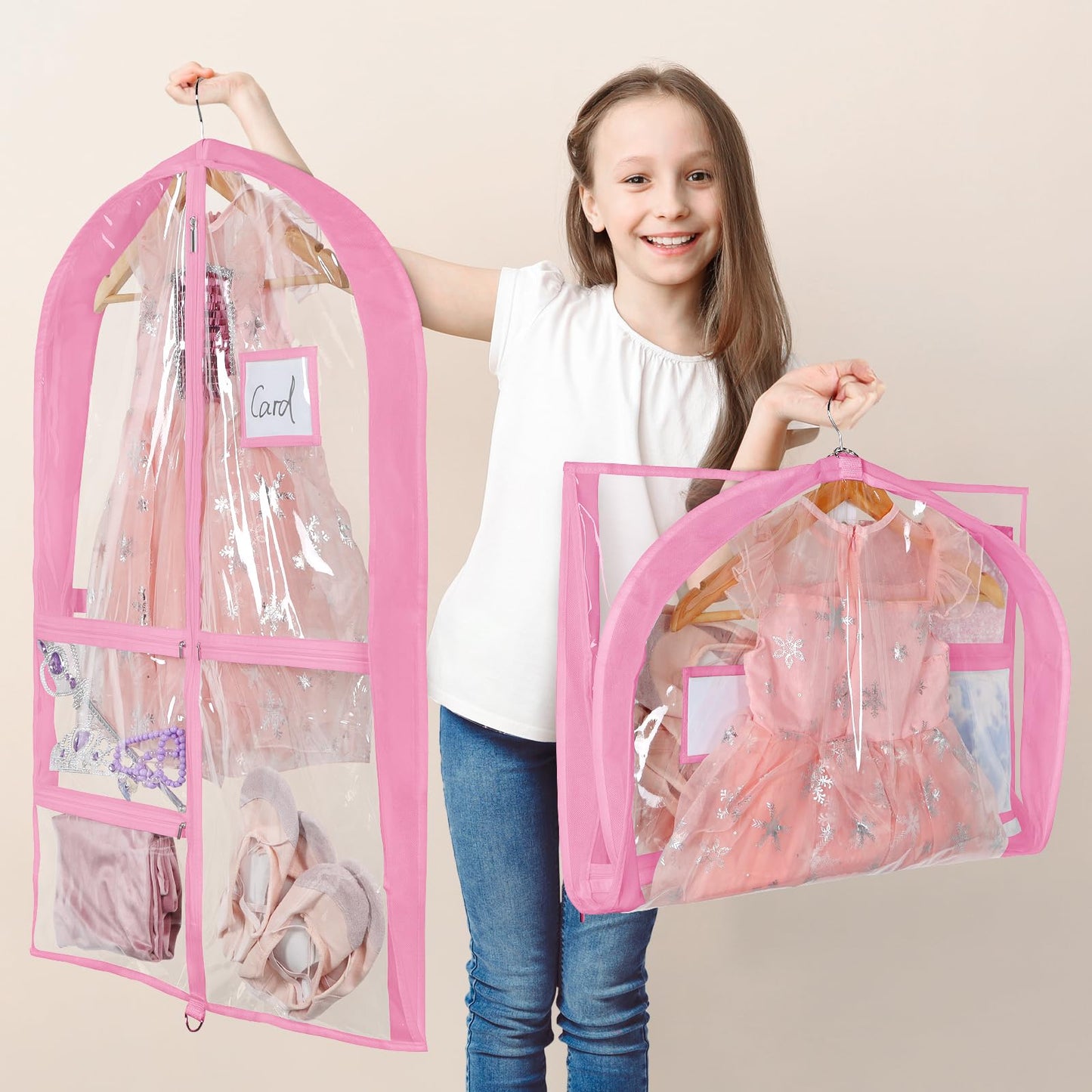 Univivi Clear PVC Dance Costume Bags (3 Pack) Garment Bag 40 Inch for Dance Competitions, with 4 Medium Clear Zipper Pockets and 1 Large Back Zippered Pocket [Upgraded Version]
