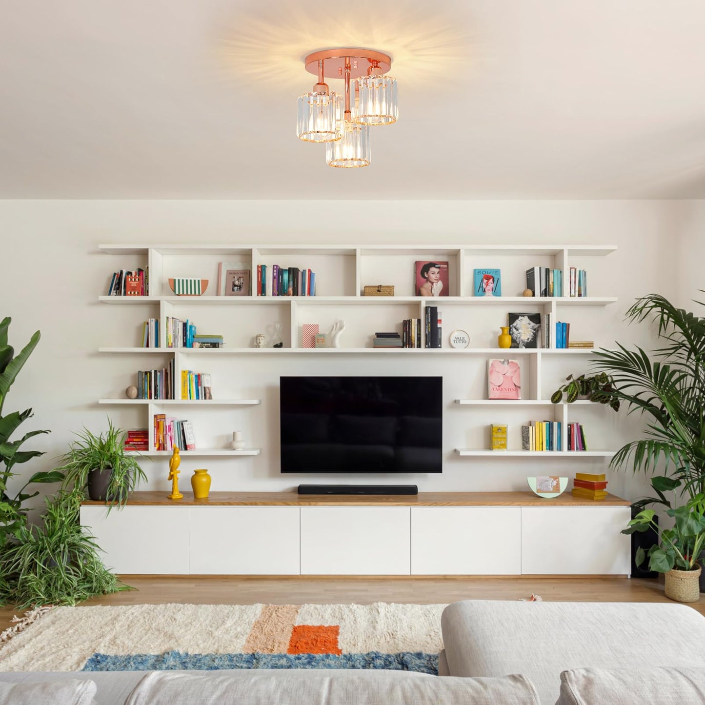 3-Light Crystal Semi Flush Mount Ceiling Light | Black Modern Fixture for Kitchen, Hallway & Bedroom