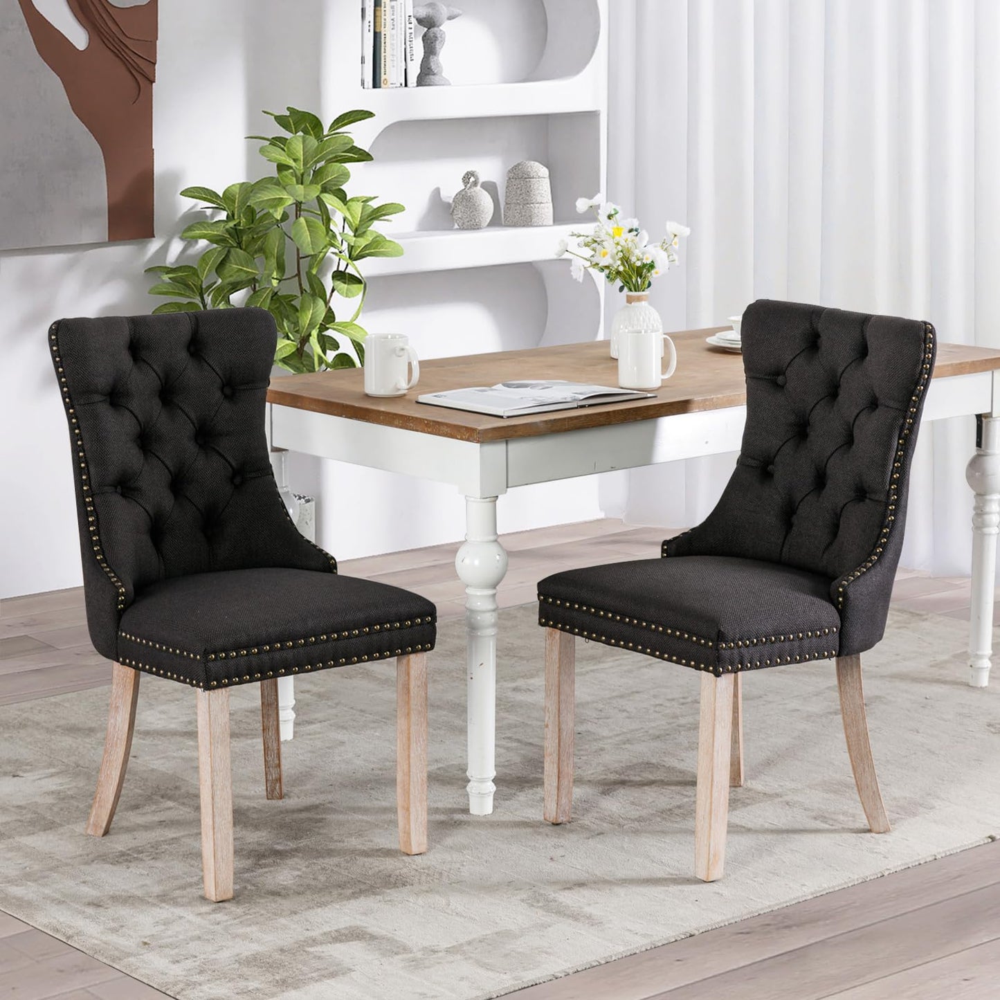 SoarFlash Leather Dining Chairs Set of 8, Tall Back Side Chair, Modern Upholstered Side Chair with Button Back Ring, Solid Wood Legs (Black&Grey)