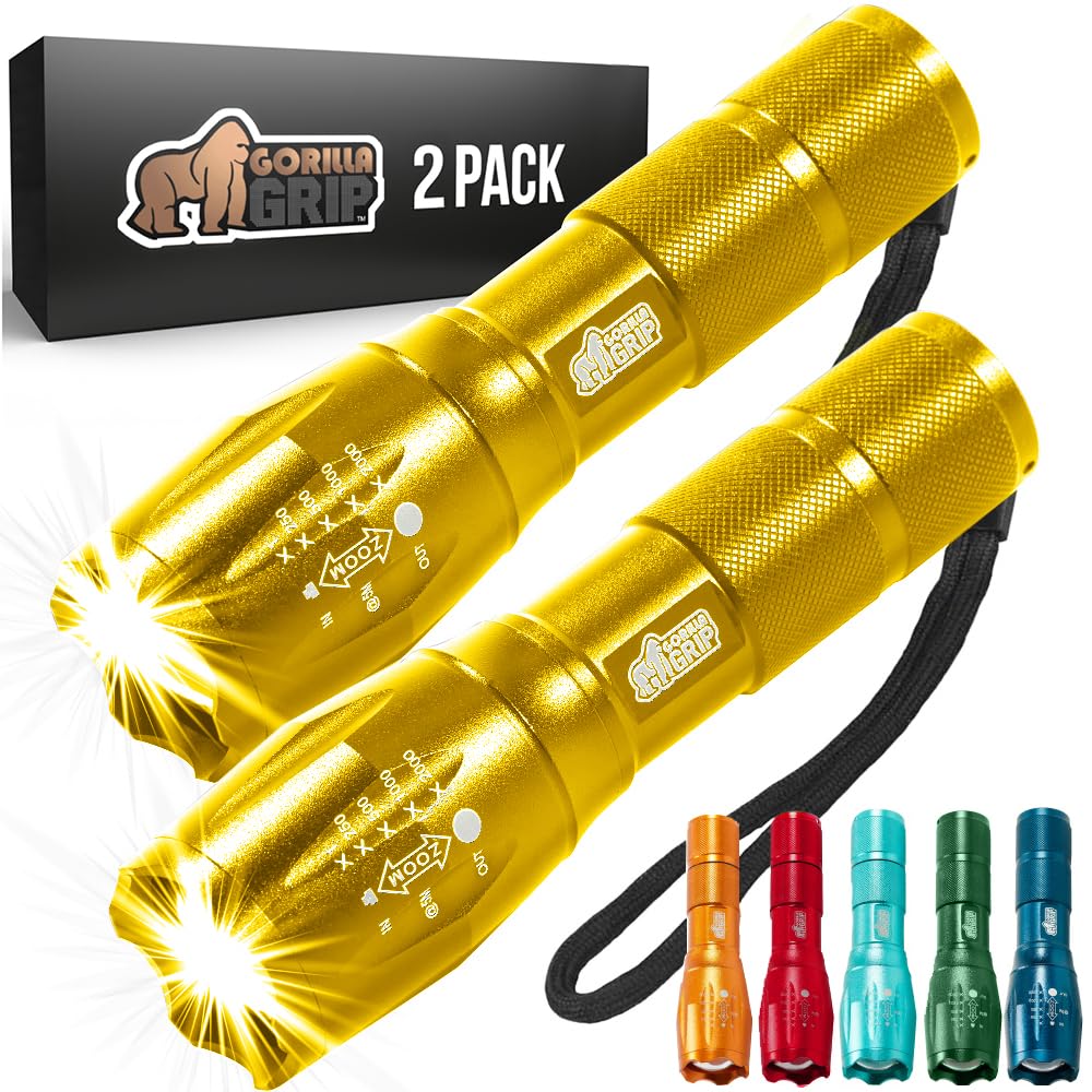 Gorilla Grip Powerful LED 750 FT Water Resistant 5 Adjustable Mode Tactical Flashlight, High Lumens Ultra Bright Battery Zoom Flashlights, Small Camping Car Mini Flash Light Accessories, 2 Pack Gold