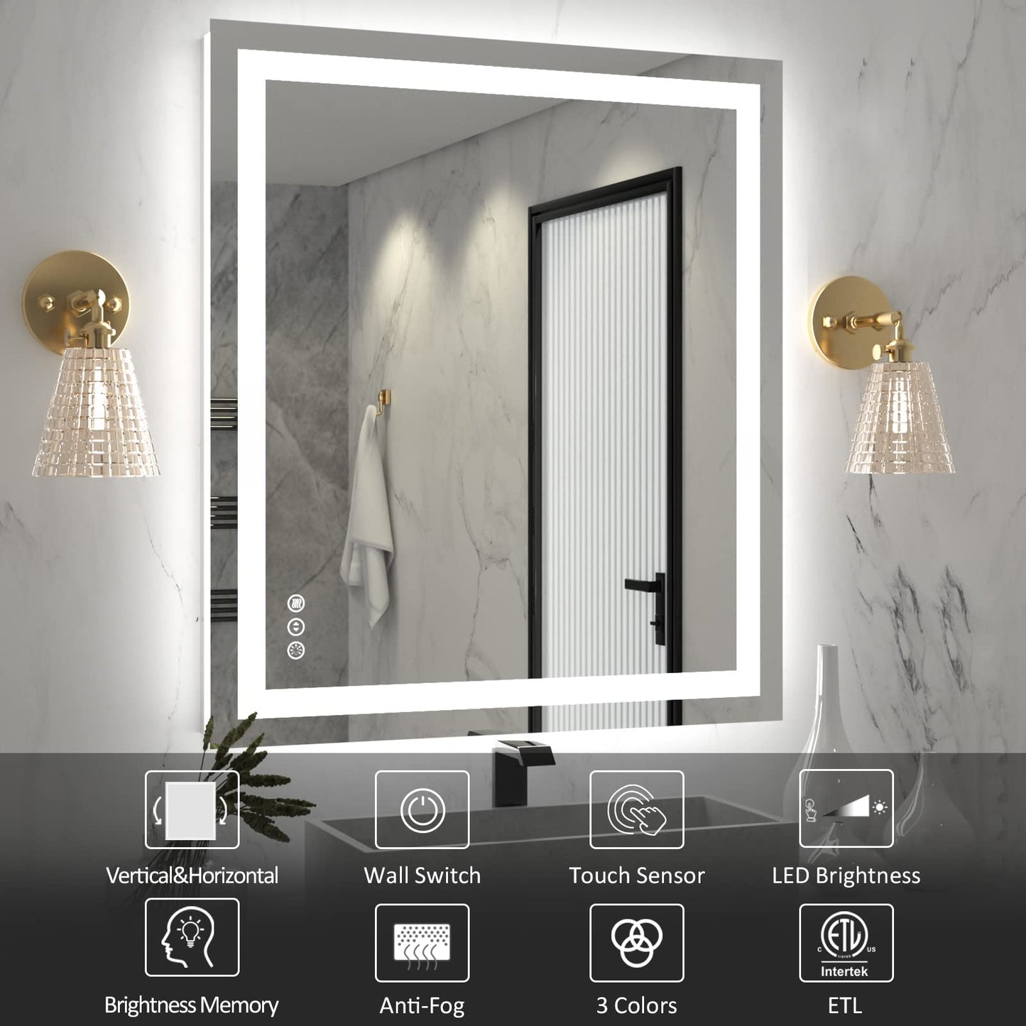 Amorho 20"x 28" LED Bathroom Mirror with Black Frame, Front Light and Backlit(Controlled Separately), Stepless Dimmable, Anti-Fog, Shatter-Proof, 3 Colors, Memory