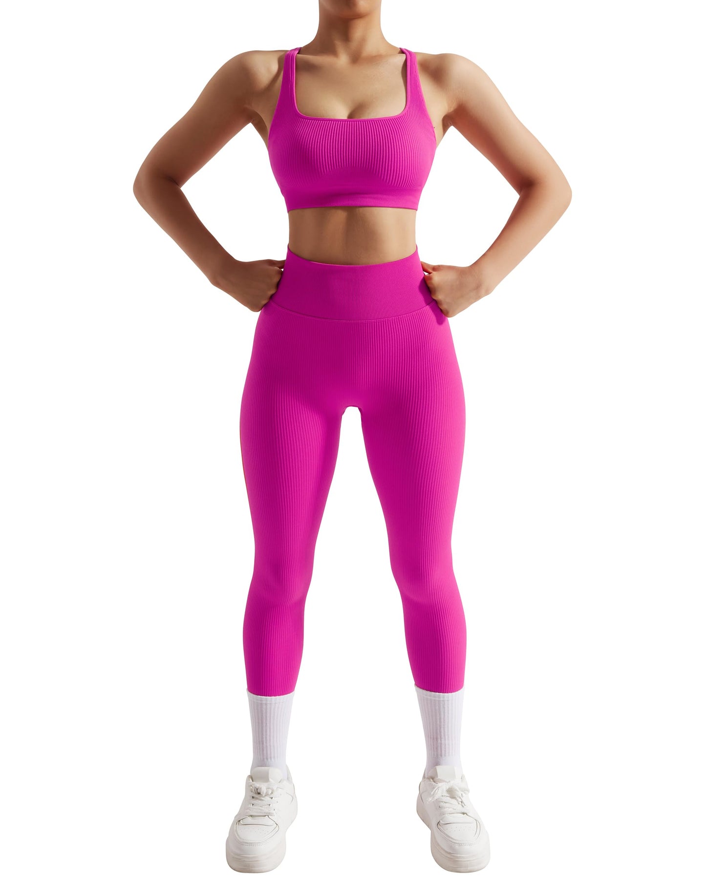 RXRXCOCO Gerippte Workout-Sets für Damen, 2-teilig, rückenfrei, Riemchen-Sport-BH, nahtlose Leggings, passendes Set, Yoga-Outfits 