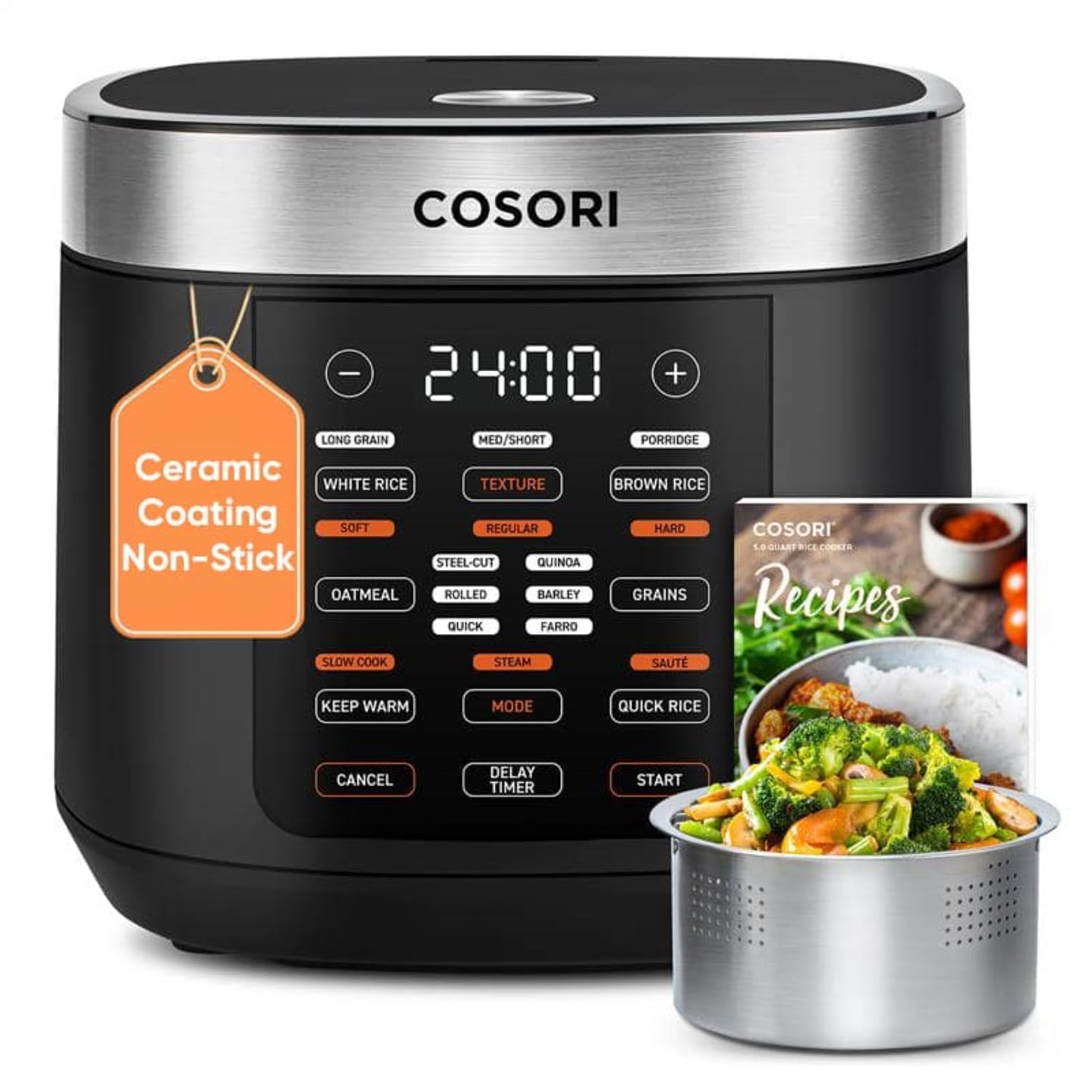 COSORI 10-Cup Rice Cooker | 18-in-1 Fuzzy Logic, Ceramic Non-Stick Pot, 24h Keep Warm, Steamer & Slow Cook, Black