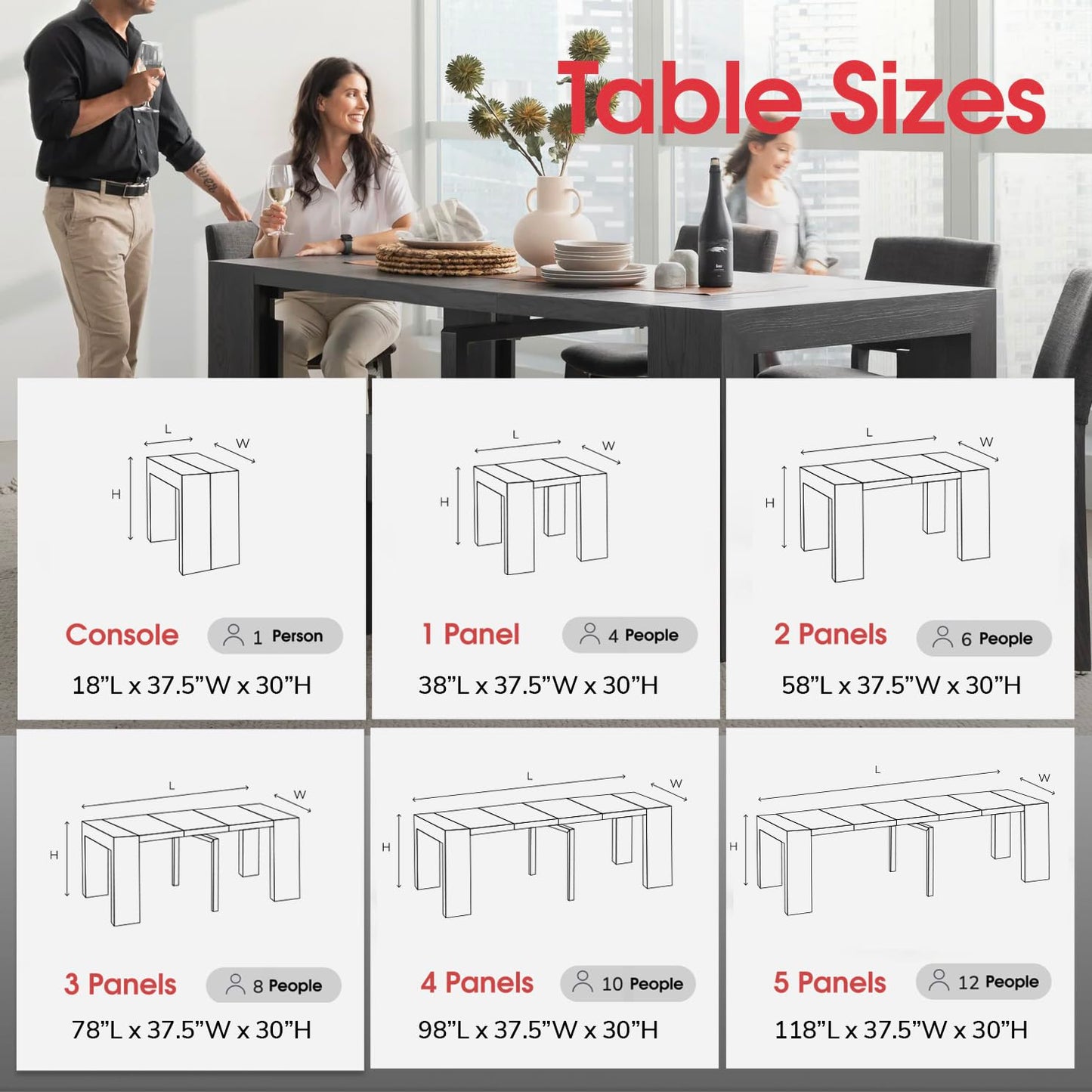 Transformer Table Dining Table Set for 4 to 12, Extendable Wood Dining Table with Expandable Bench, Small Space Furniture, Kitchen Table Set (Dark Grey, Table + Bench)