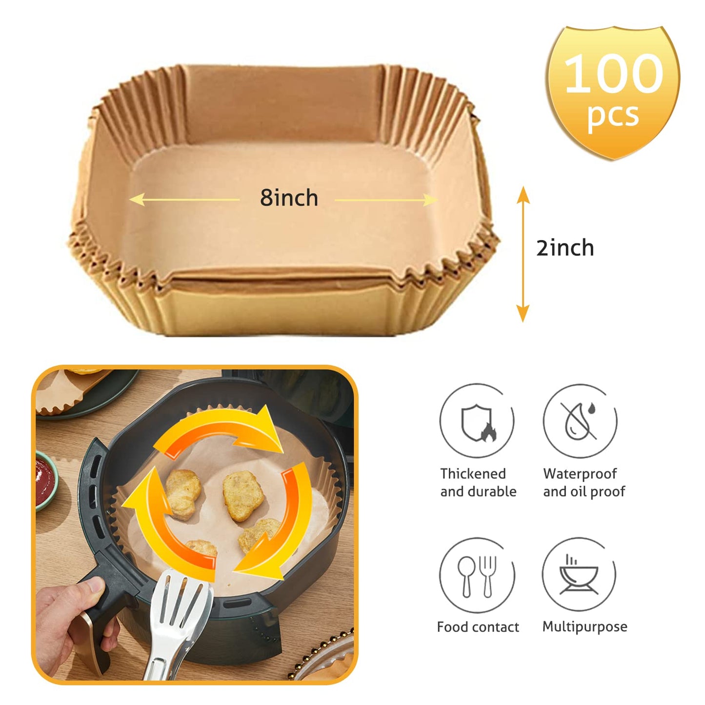 Ailun Lot de 100 doublures en papier pour friteuse à air comprimé 20,3 cm, antiadhésives, résistantes à l'huile, jetables, de qualité alimentaire, sans javel, carrées pour friteuse à air comprimé de 5 à 8 QT, cuisson, rôtisserie, micro-ondes 