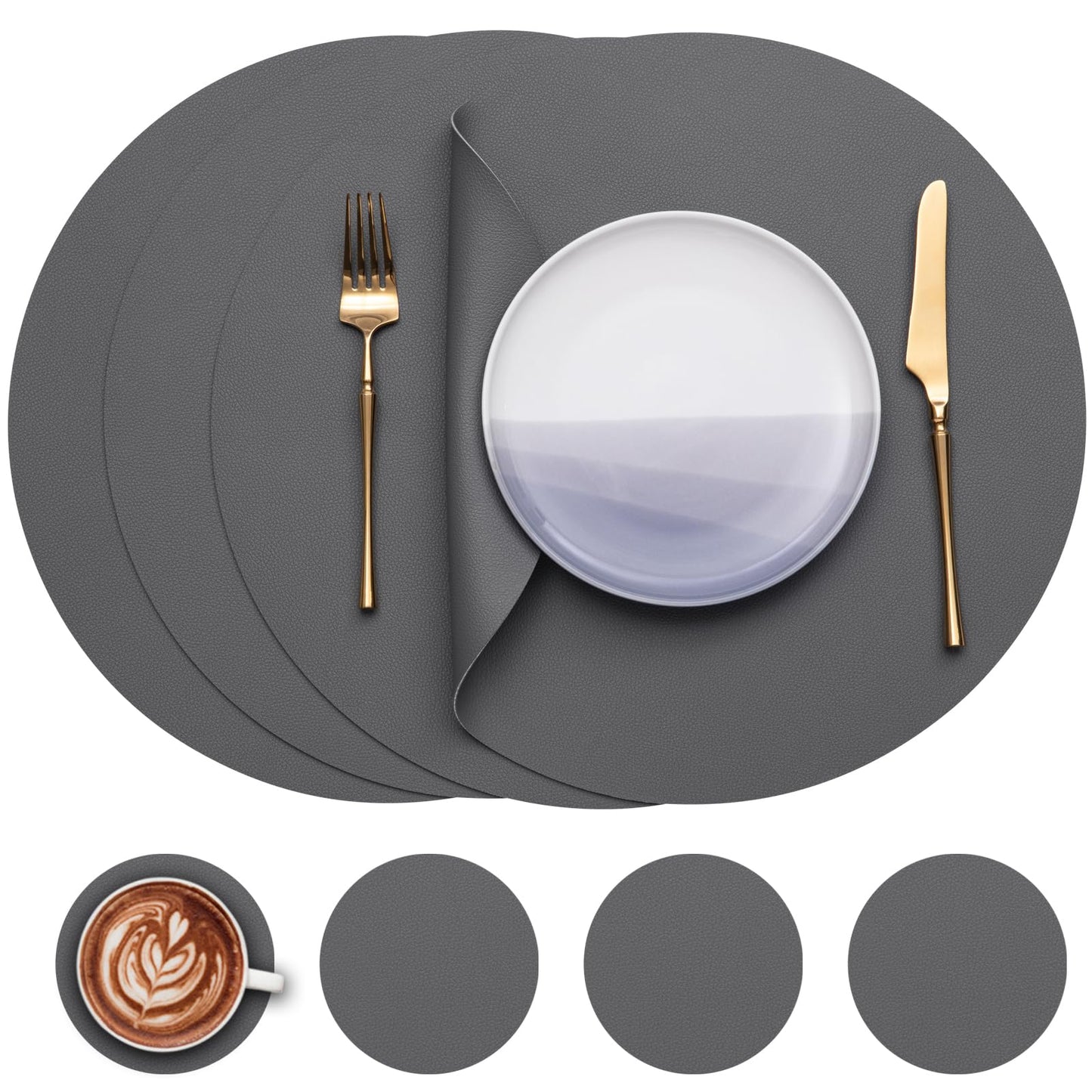 Myir JUN Round Table Placemats Set of 4 Faux Leather Place Mats and Coasters 15 inch Round Placemats Dual Sided Placemats Non-Slip Placemats Stain Resistant Placemats (Gray & Yellow, Set of 4)