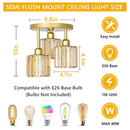 Crystal Semi Flush Ceiling Light – Modern Black Fixture, Clear Shade