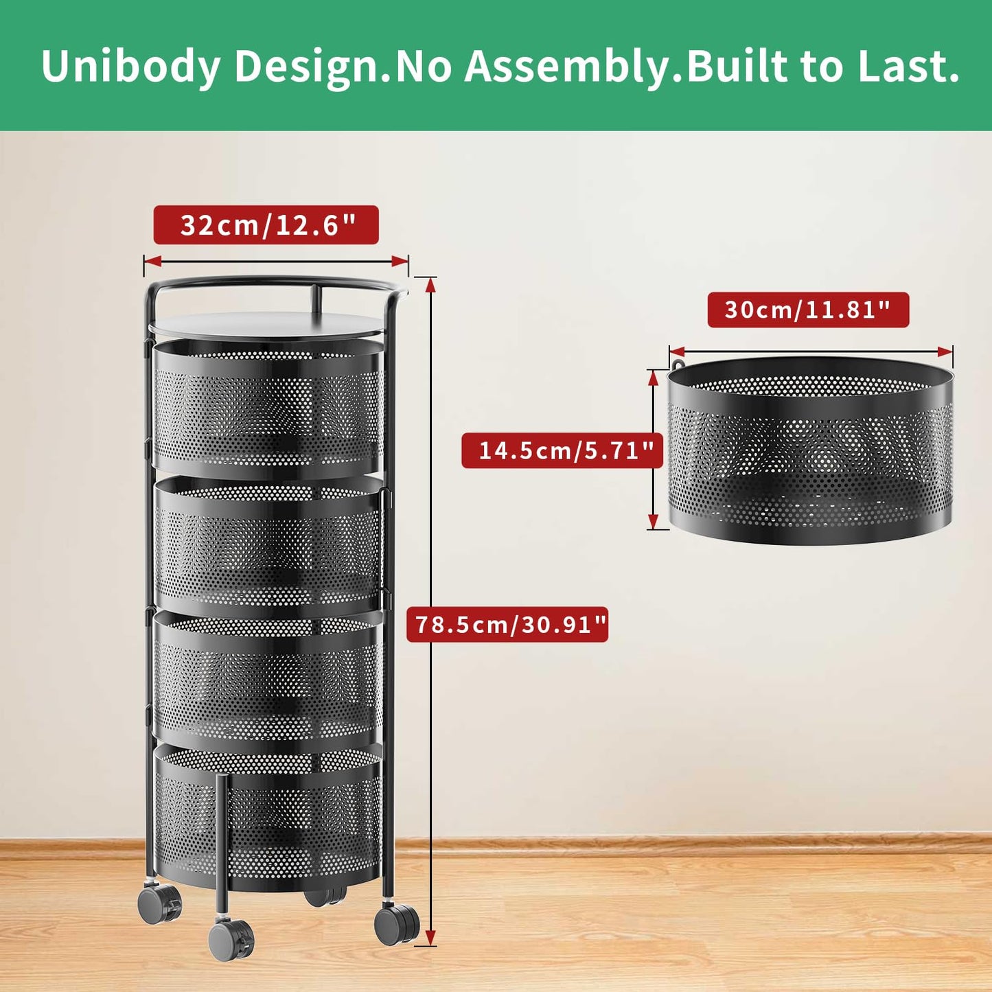 No Assembly Required Vegetable Storage Rack, 4-Tier Rotating Fruit Basket with Wheels, Heavy Duty Carbon Steel Kitchen Storage Cart