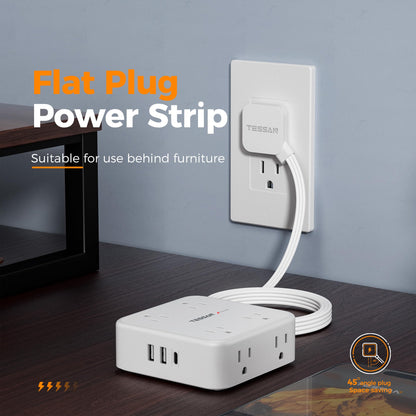 Surge Protector Flat Extension Cord Flat Plug Power Strip, 8 AC Outlets, 3 USB Charger(1 USB C Port) 3-Sided Outlet Extender, 5 Ft, 900 Joules Protection