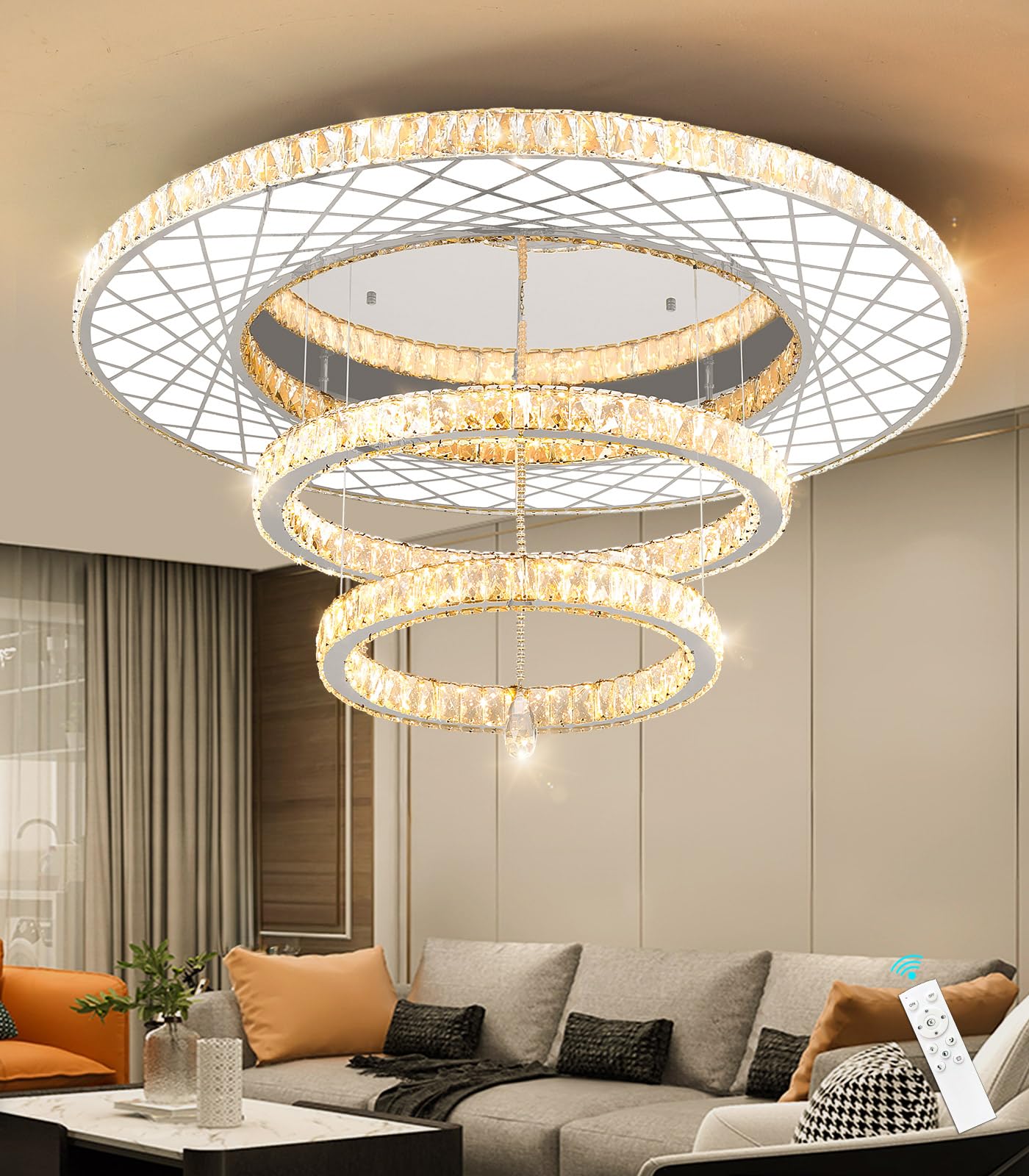 Modern Flush Ceiling Chandelier Bedroom Light Fixtures Crystal Flat Sloping Ceiling Lights for Hallway Kitchen Dining Room Dimmable Light with Remote Gold