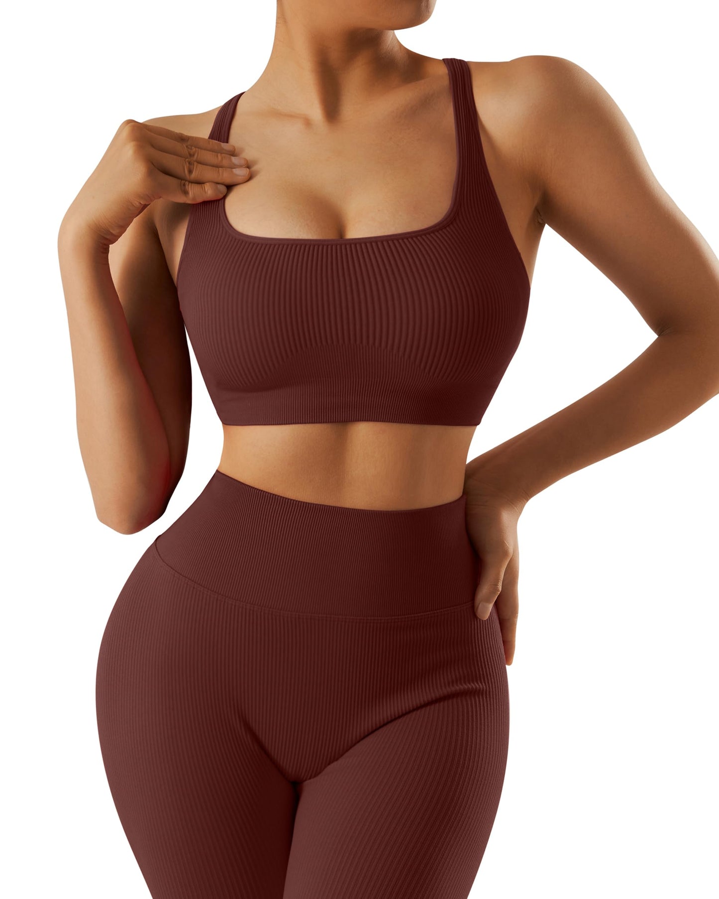 RXRXCOCO Ribbed Workout Sets for Women 2 Piece Backless Strappy Sports Bra Seamless Leggings Matching Set Yoga Outfits