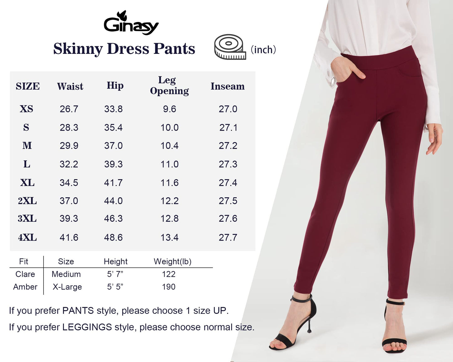 Ginasy Dress Pants for Women Business Casual Stretch Pull On Work Office Dressy Leggings Skinny Trousers with Pockets