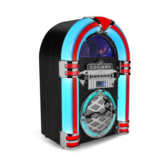 Jukebox Bluetooth de bureau VICTOR Wilshire avec radio FM, haut-parleur stéréo intégré et éclairage LED multicolore, noir (VDTJ-1450-BK) 