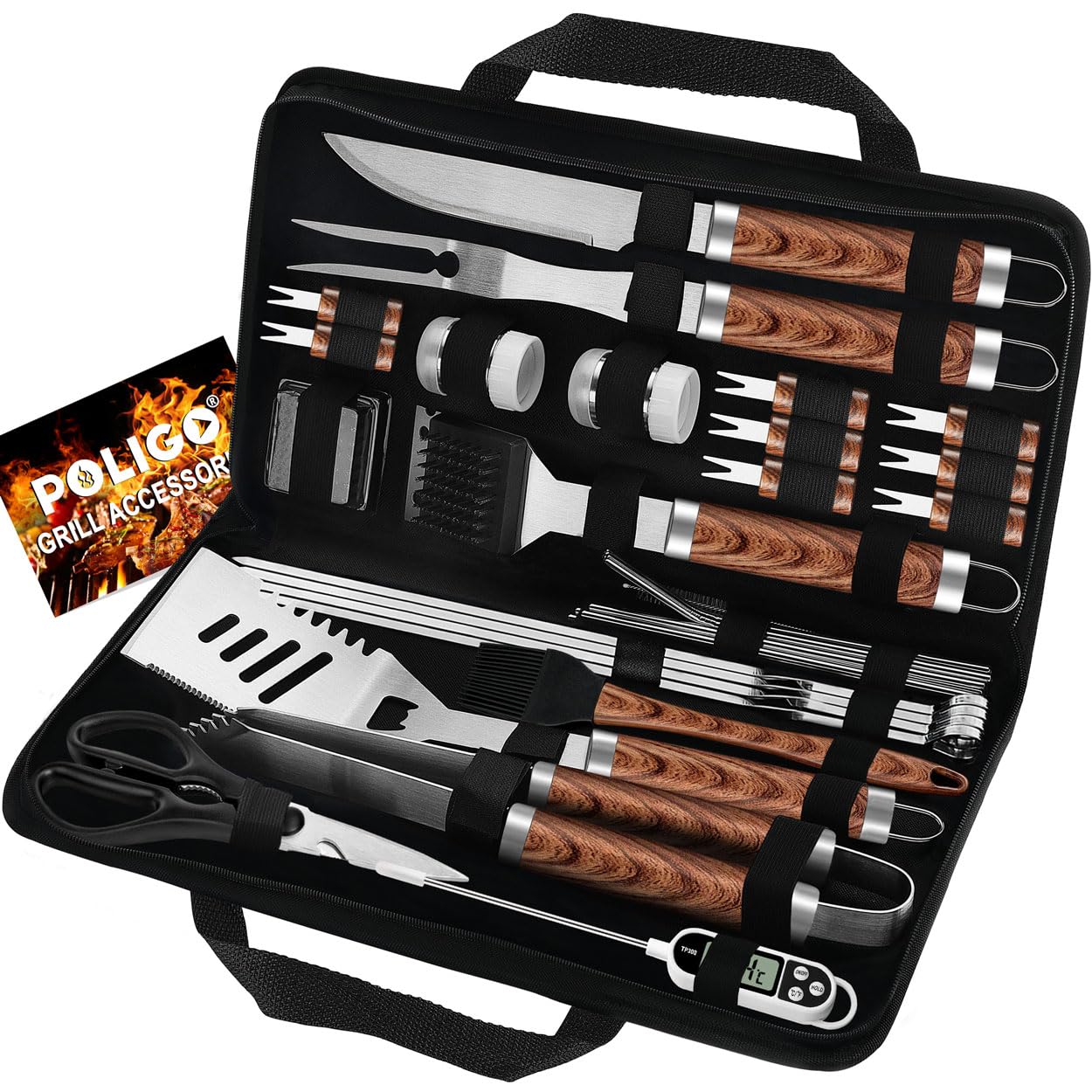 POLIGO 29 PCS BBQ Grill Accessories Stainless Steel BBQ Tools Grilling Tools Set with Storage Bag for Christmas Dads Birthday Presents - Camping Grill Utensils Set Ideal Grilling Gifts for Men Women