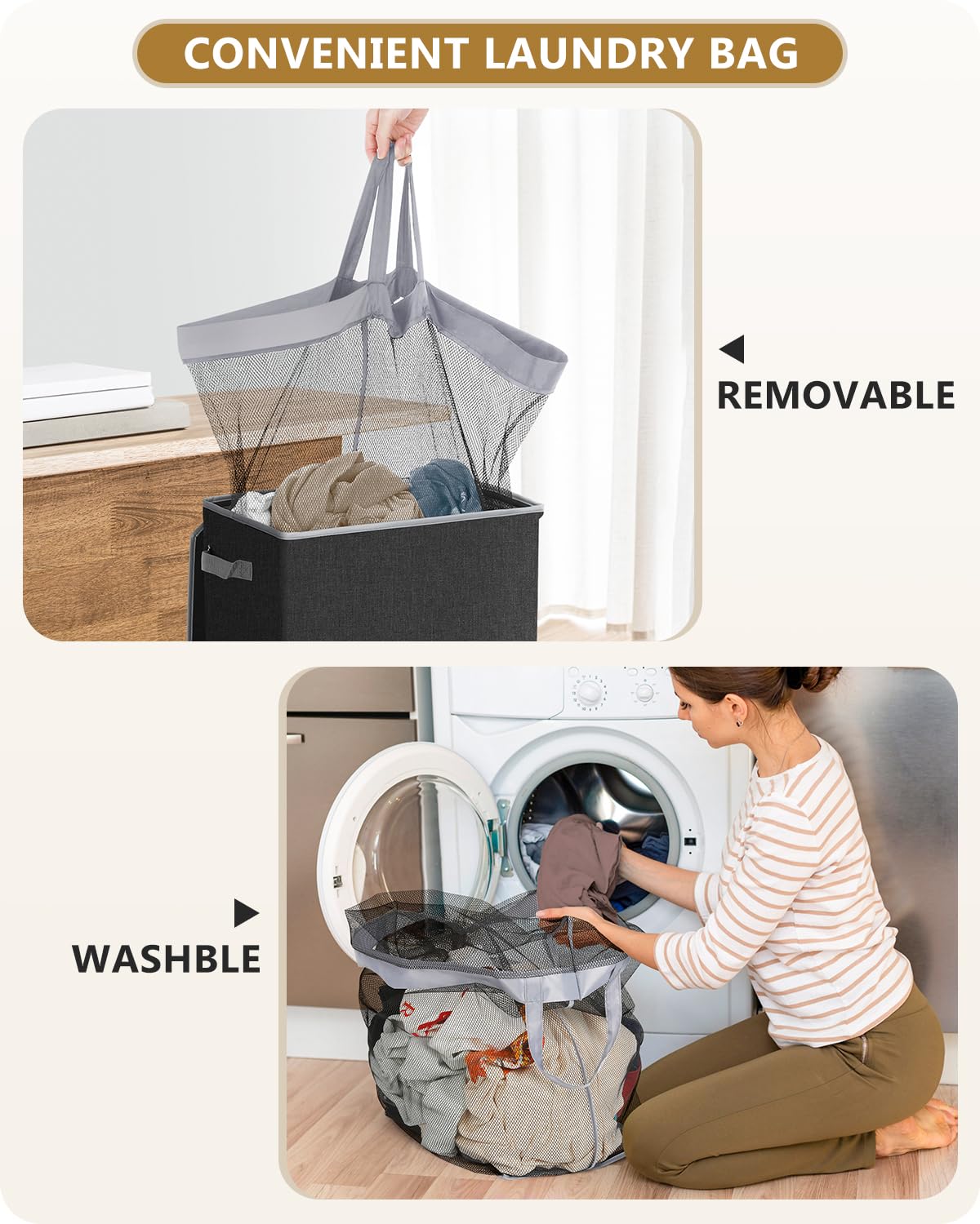 Panier à linge SOLEDI noir avec couvercle et sac amovible - Grand panier à linge pliable de 100 L avec poignée pour le rangement des vêtements et des jouets - Panier à linge sale pour chambre, salle de bain, dortoir 