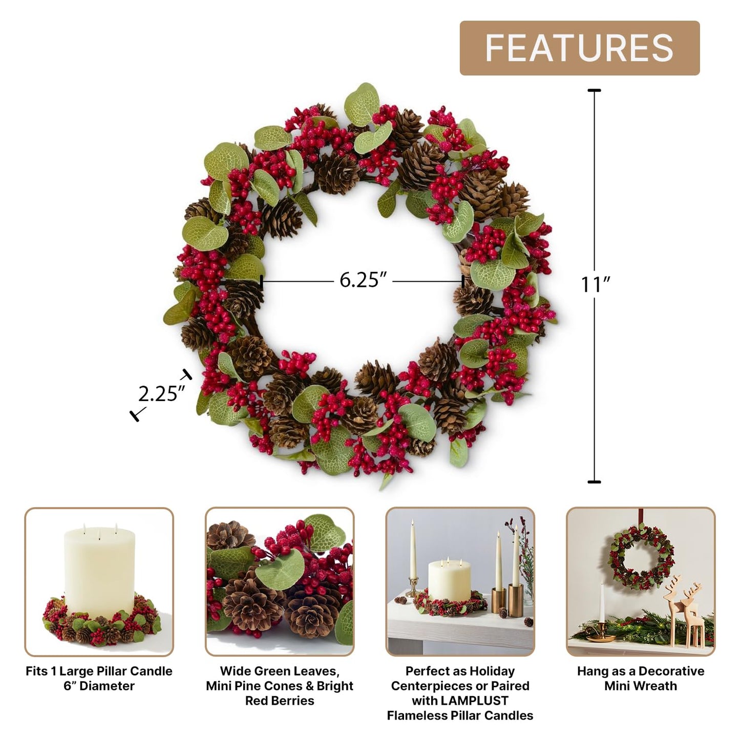 LampLust Christmas Candle Rings Wreaths, Set of 3, Mini Wreath with Mini Pine Cones & Red Berries, Fits 3 Inch Pillar Candles, Candle Rings for Pillars, Christmas Table Decor, Holiday Decorations