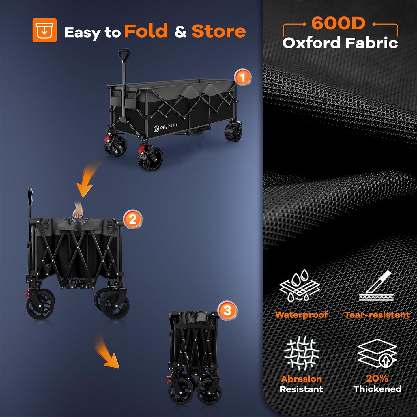48" L Collapsible Wagon Cart Foldable, 560LB Weight Capacity 300L Heavy Duty Folding Beach Wagons with Big All-Terrain Wheels, Utility Carts for Groceries, Shopping, Camping, Sports - Black