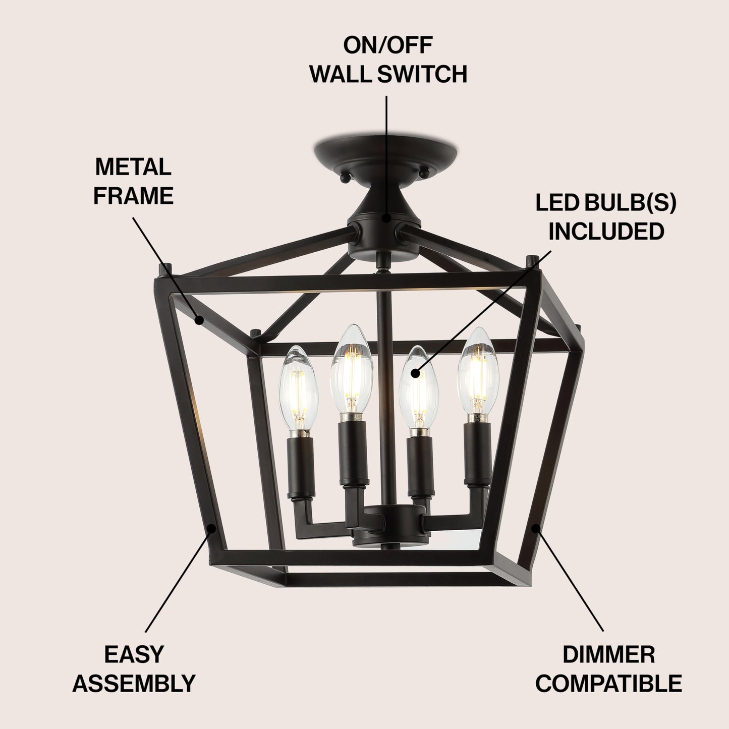 JONATHAN Y JYL7610A Plains Mini Lantern 12" 4-Light Iron Modern Farmhouse LED Flush Mount, Rustic, Industrial, Dimmable, 2700K Cozy Warm Light Kitchen, Hallway, Bathroom, Stairwell, Oil Rubbed Bronze