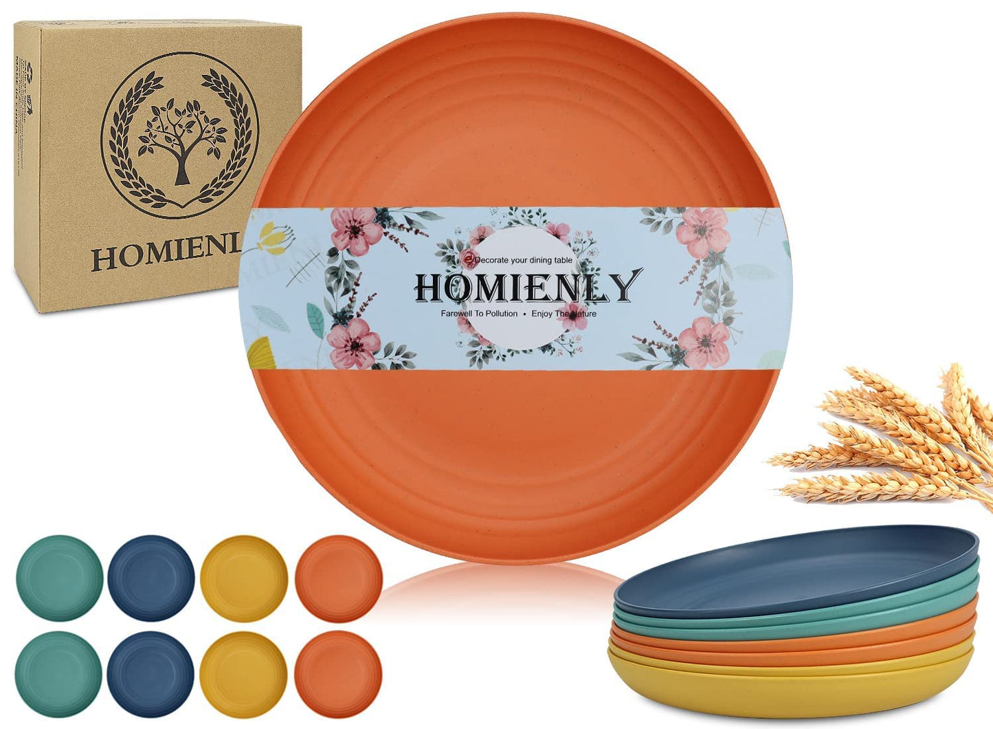 Homienly Deep Dinner Plates Set of 8 Alternative for Plastic Plates Microwave and Dishwasher Safe Wheat Straw Plates for Kitchen Unbreakable Kids Plates with 4 Colors (Classic Bright, 9 inch)