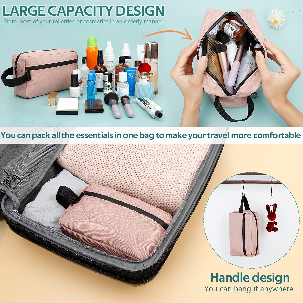 FUNSEED Travel Toiletry Bag for Women and Men, Water-resistant Shaving Bag for Toiletries Accessories, Foldable Storage Bags with Divider and Handle for Cosmetics Toiletries Brushes Tools (Pink)