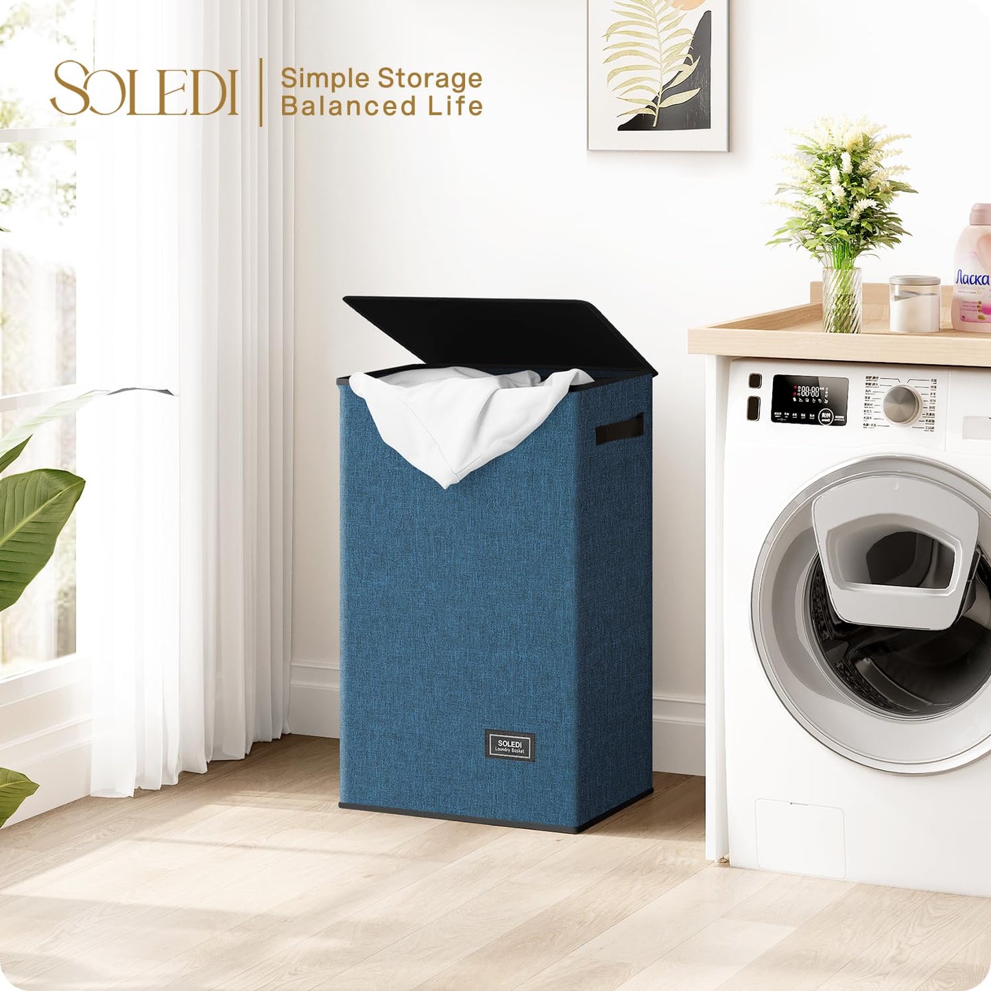 Panier à linge SOLEDI noir avec couvercle et sac amovible - Grand panier à linge pliable de 100 L avec poignée pour le rangement des vêtements et des jouets - Panier à linge sale pour chambre, salle de bain, dortoir 