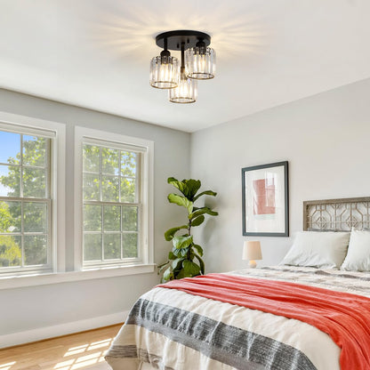 3-Light Crystal Semi Flush Mount Ceiling Light | Black Modern Fixture for Kitchen, Hallway & Bedroom