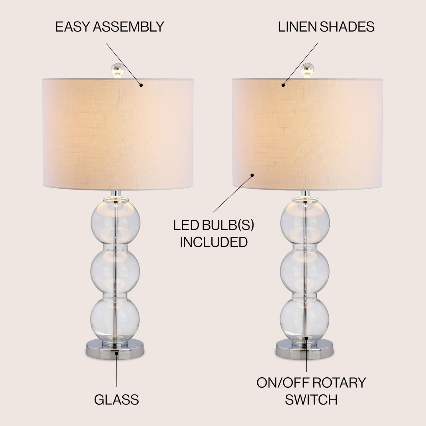 JONATHAN Y JYL1070D-SET2 Lot de 2 lampes de table Bella 27" Lampe de table à LED à triple sphère en verre Lampe de chevet contemporaine pour chambre à coucher, salon, bureau, bibliothèque universitaire, transparente/chromée 