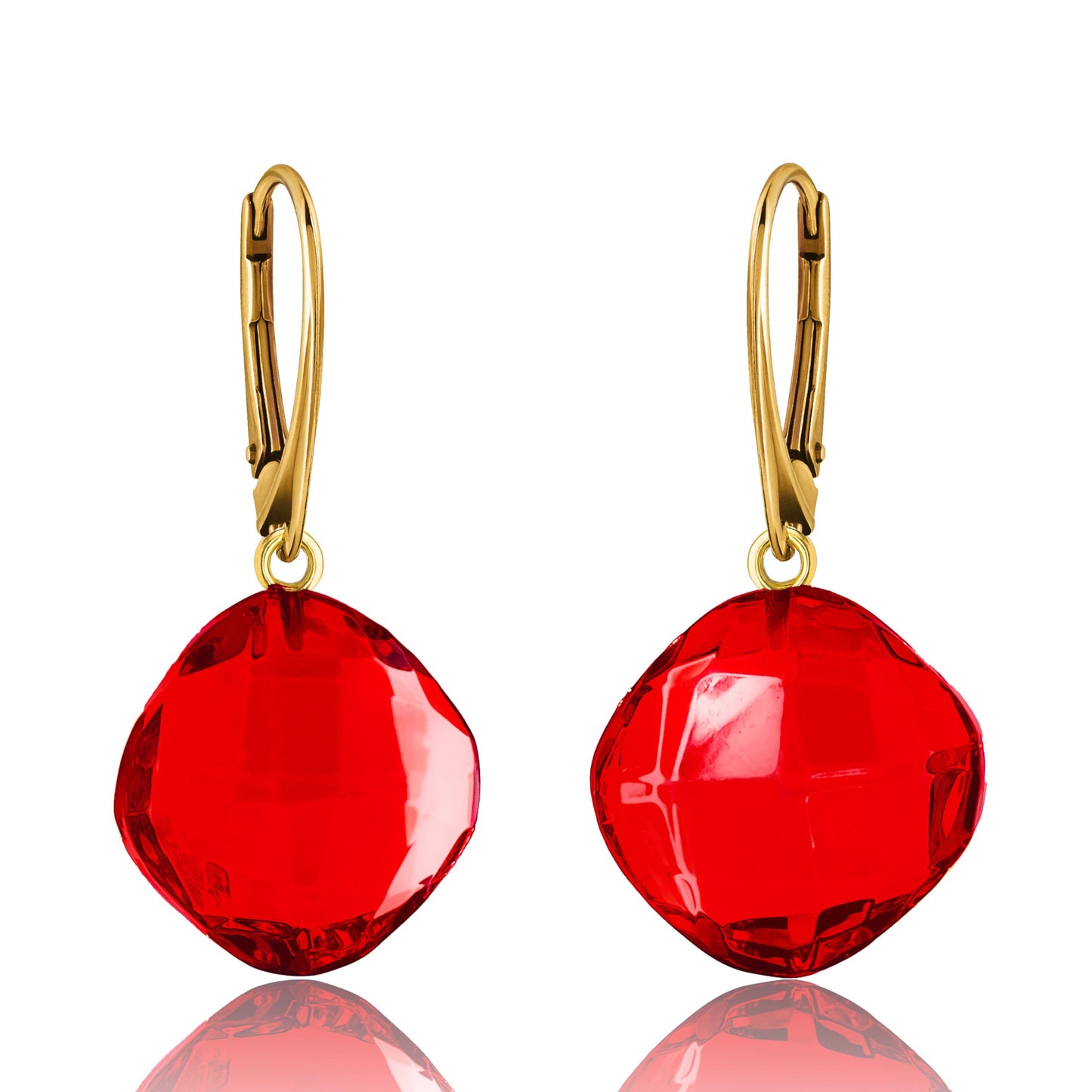 Boucles d'oreilles rouges pour femmes - Fermoir et fermoir en feuille d'argent plaqué or, bijoux en pierres semi-précieuses légères et audacieuses pour dames, boucles d'oreilles en cristal d'ambre rouge grenat