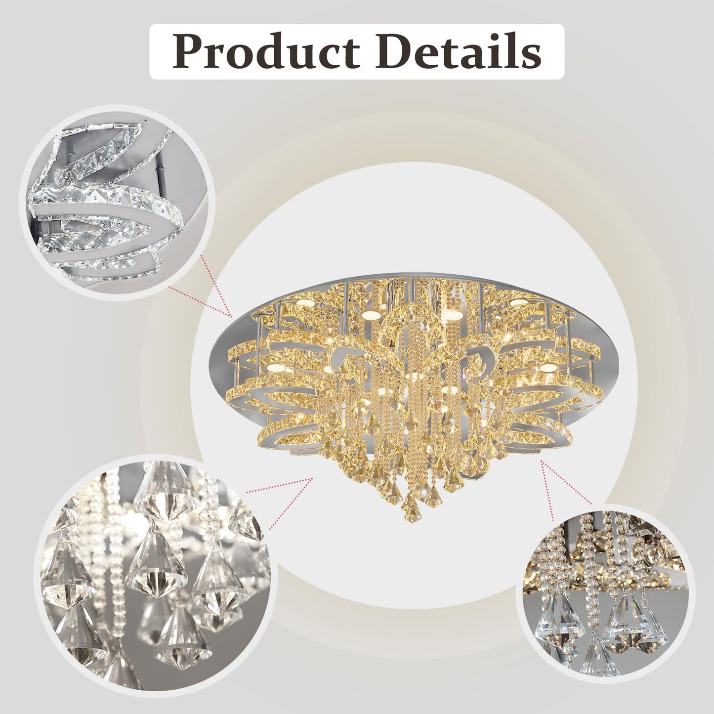 Flashing God W40 Modern Crystal Chandelier for Living Room Crystal Flush Mount LED Gold Ceiling Light Fixture for Foyer Dining Room Hallway Dimmable 2700k 4500k 6000k